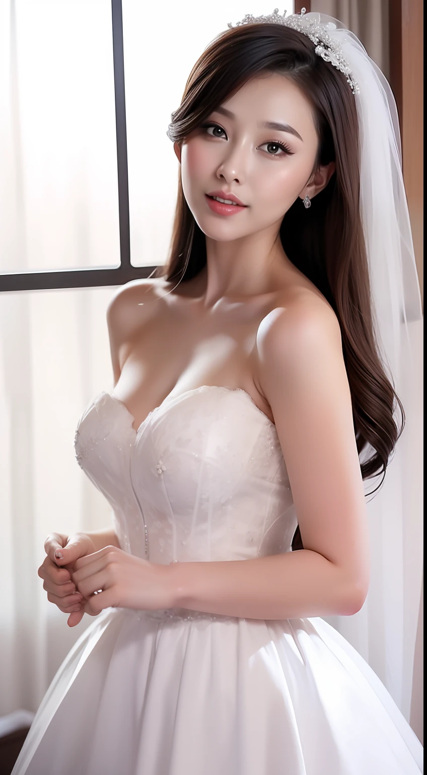 Fashion model 18 years old [[[[closeup cleavage]]]], [[[[boobgasm]]]], [[[[coll]]]], [[[[bshoulders]]]], perfect  eyes, Perfect iris，perfect lips，perfect teeth，Perfect skin，Soft front light，HDR，filmgirl,wedding gown，（pastel colour：1.2）