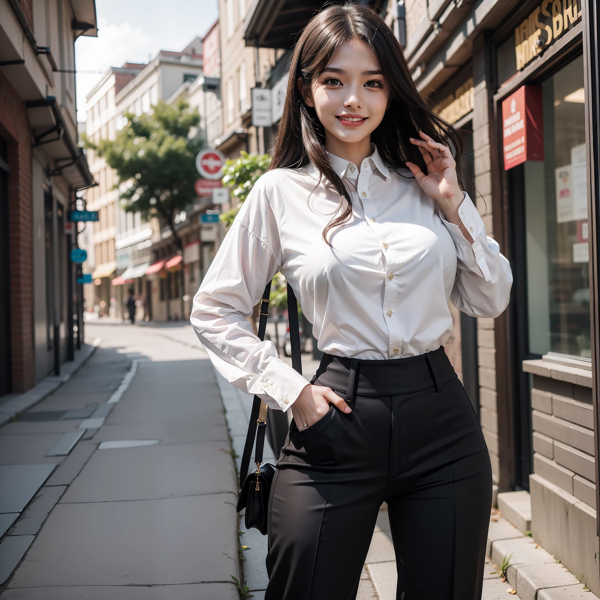 Top image quality、hight resolution、Beautiful One Woman in Perfect Style、affectionate smile、formal pants、Flared pants、Gaucho Pants、Wide pants、big breasts thin waist、slim legs、A clear day、the wind
