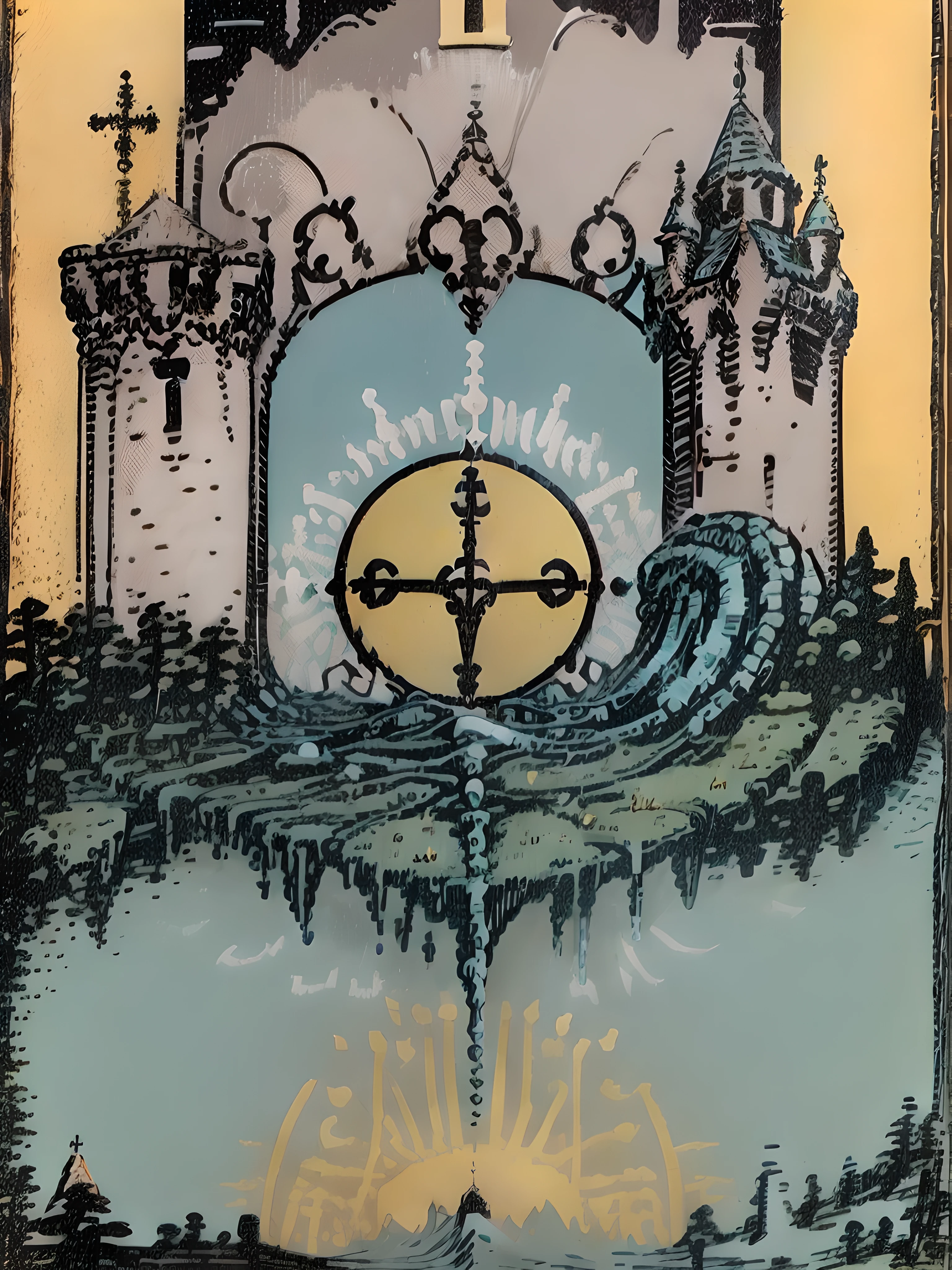 "carta de tarot, um reino medieval chamado "SALUZ", no alto de um monte fica o castelo, cores quentes"