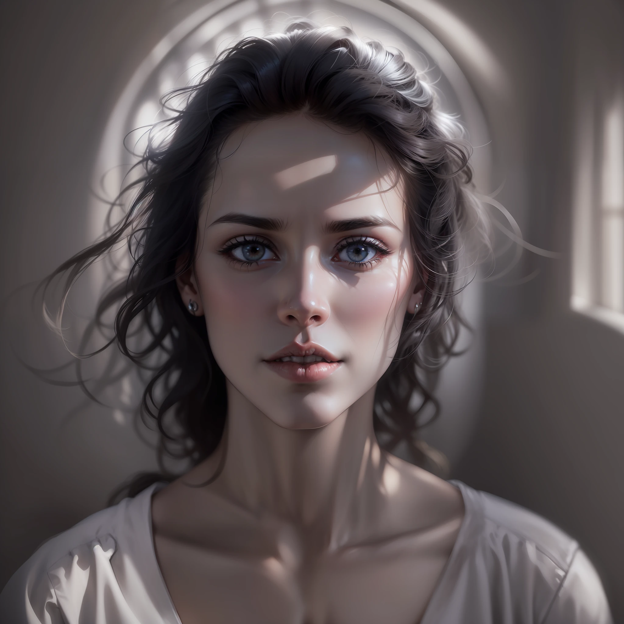 ((luz do sol espalhada sobre o rosto)), Close portrait, (detalhes extremos da pele), (mulher escocesa de 30 anos), olhos azuis, cabelo liso, loiro escuro, ultra realista, thirds rule, Dramatic ceiling lighting, rosto detalhado, fofo, profundidade de campo rasa, detalhes intrincados, raios divinos, vazamentos de luz, vestindo jaqueta preta