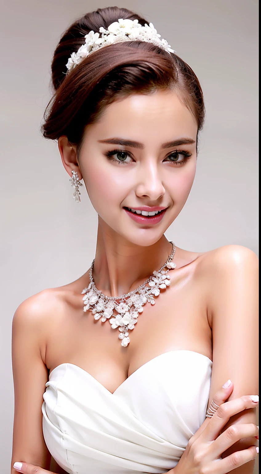 Fashion model 18 years old [[[[closeup cleavage]]]], [[[[boobgasm]]]], [[[[coll]]]], [[[[bshoulders]]]], perfect  eyes, Perfect iris，perfect lips，perfect teeth，Perfect skin，Long face，Soft front light，HDR，white apparel，Outfit in black，green outfit，White or pink flowers on the background，（pastel colour：1.2）