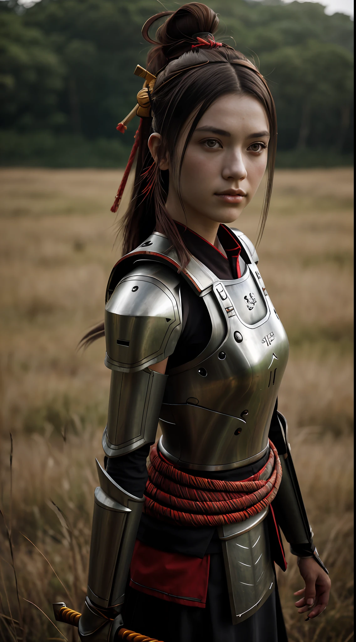Photo of a girl in Samurai armor, subtle metal reflections, upper body, outdoors, field, overcast, sharp focus, natural cinematic lighting, octane render, unreal engine