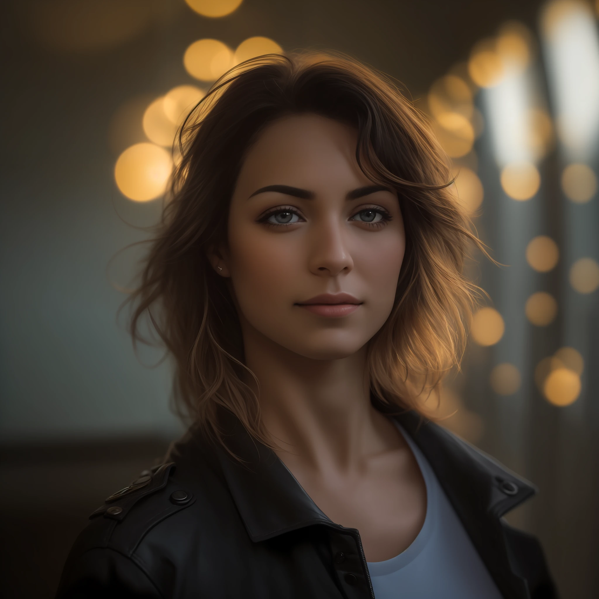 Bokeh, cru, ((luz do sol espalhada sobre o rosto)), Close portrait, (detalhes extremos da pele), (mulher escocesa de 30 anos), ultra realista, thirds rule, Dramatic ceiling lighting, rosto detalhado, fofo, profundidade de campo rasa, detalhes intrincados, raios divinos, vazamentos de luz, vestindo jaqueta preta
