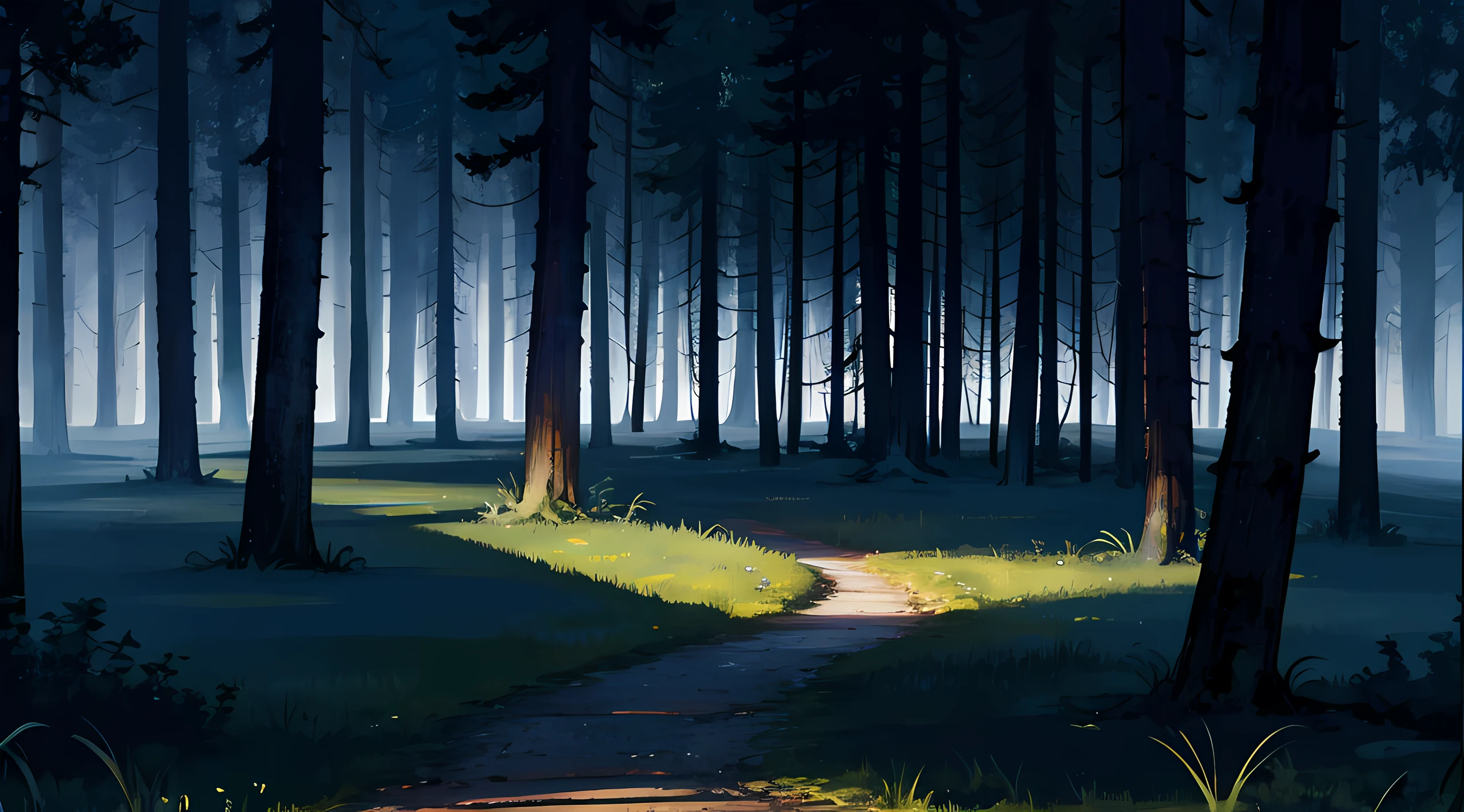 woods, fentezi, darkly, Without people, Background only, deeply forested, the night, it is frightful, Gloomy Forest, A lot of plants, dim lights, photo-realistic:1.4), A lot of black, Very dark, Obscurity, Horror, ultradetailed, Octane rendering, постпродакшн 8k, iridescent colors,
