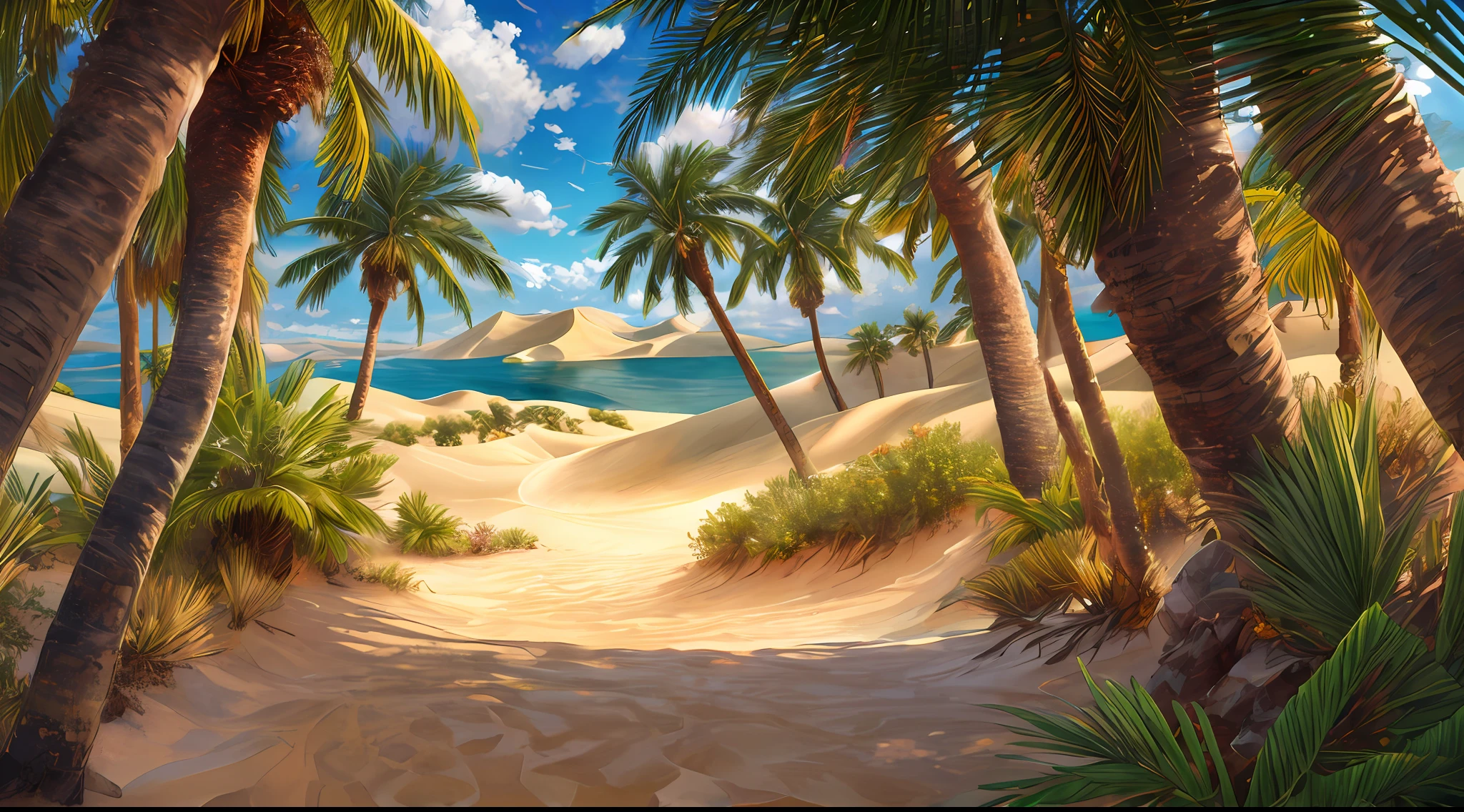 masterpiece,highres, highest quality,intricate detail,best texture,realistic,8k,soft light,perfect sunlight, dessert dunes, desert oasis with waterfalls and palm tress