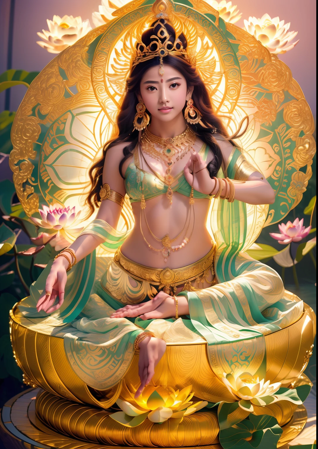 Beautiful green skin goddess sitting on a lotus platform，Holding a flower in hand， (((Body skin is green)))，Delicate，Bright big eyes look at the audience，Long time brilliant，Peaceful sitting posture，Complete foot structure，Barefoot，The sky behind the head has a circular circle of light，Light，（primitive：1.2），（realisticlying：1.4），（Sharpness：1.2），16 yaers old，(((body high：1.5))),（（Gemstones refract dazzling light）），（（middlebreast：1）），（Abs：0.7），（glute：1.2），(healthy-looking skin， Thin skin， seductiveexpression， 二重まぶた，Jelly textured lips， Glowing lips，Small upturned lips，Shiny skin，(((Flawless skin texture)))，Real pores，ctextured skin，choker necklace，Wear a lot of Yingluo，（Wear gemstones，pearls，hisui，amber，），（（Gorgeous and exquisite crown，gemstone setting）），（Dynamic hair，long whitr hair，Beaded hairpins，Nobile，Delicate skin texture），Glossy glossy skin，Glowing skin，Radiant hair，The head is illuminated with an aperture，The body shines， High quality detailing， Cinematic lighting，,absurderes, unbelievable Ridiculous, hugefilesize, ultra - detailed, A high resolution, The is very detailed，best qualtiy，tmasterpiece，illustratio，The is very detailed，CG，unified，8k 壁纸，Amazing Cleavage，finely detailled，tmasterpiece，(((dynamicposes)))，((Correct anatomy)),(((Correct dissection))，indian goddess of wealth，