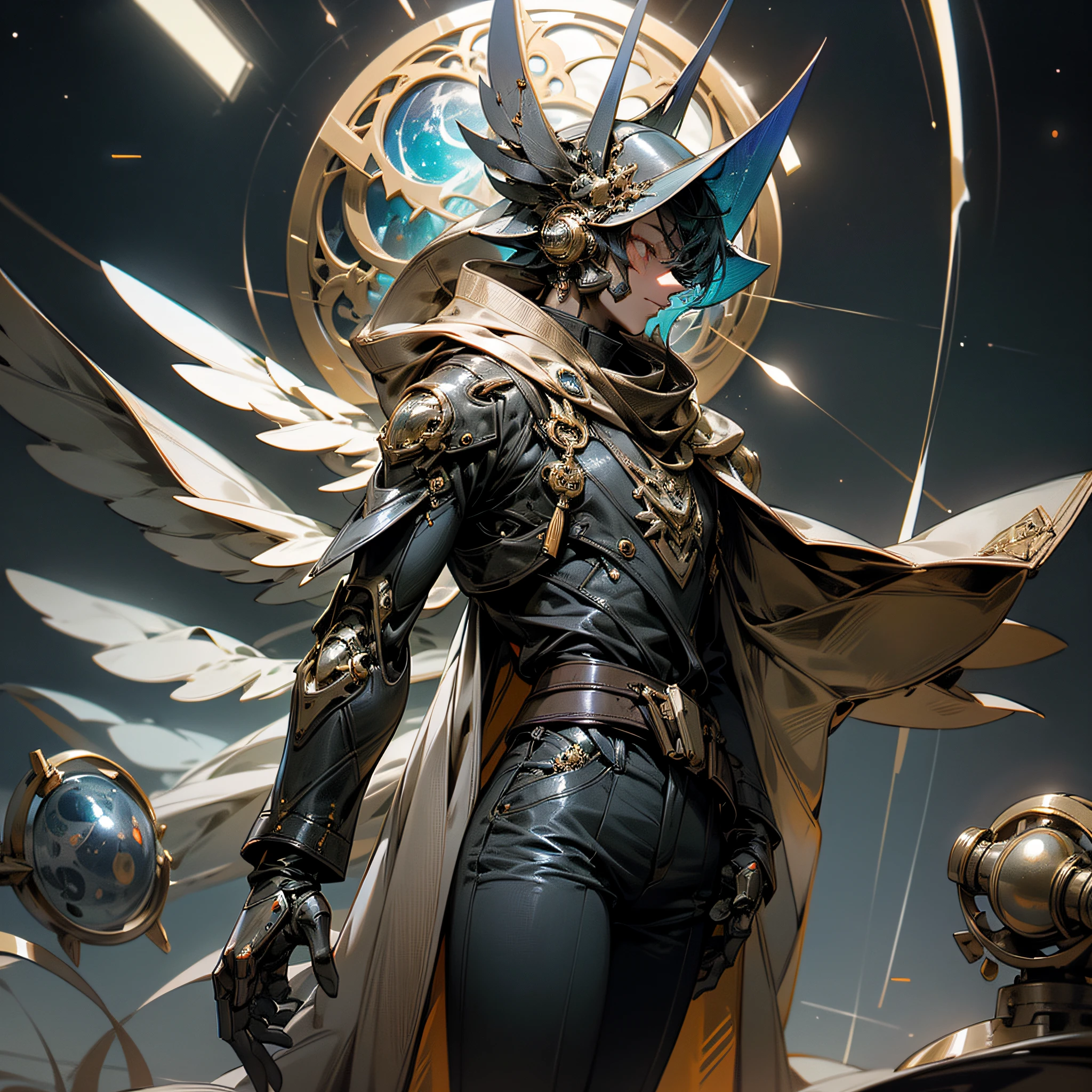realistic, (master piece, Superior Quality, best quality, Official Art, Beauty and Aesthetics: 1.2), extremely detailed
Character Description:
In the vast and mysterious outer space, Corvonaut 5079 appears, a unique and impressive figure. Half raven, half humanoid, this cybernetic being is a fusion of organic biology and advanced technology.
. With dark feathers that gleam with metallic reflections, its appearance is unmistakable, and its eyes sparkling with blue light radiate an intelligence beyond the ordinary.

Image Features and Resolution:
Against a futuristic backdrop filled with distant planets and lush galaxies, Corvonaut 5079 soars majestically on its robotic wings,
able to adjust at very high speeds, allowing it to navigate the stars with unrivaled precision. Its body is covered in chromed metal plates, ornamented with tiny gears and shiny circuits.

The helmet he wears is a masterpiece of space engineering,
equipped with a holographic visor that displays strategic information and navigation data in real time. Corvonaut 5079's piercing, determined gaze exudes unshakable confidence as he faces the intergalactic challenges that come his way.

5079 Years Cowboy Outfit:
Wearing a cowboy outfit that pays homage to a distant era of Earth, but now well into the 51st century, Corvonaut 5079 exudes a unique blend of tradition and technology. His faux leather jacket is adorned with robotic details and flashing lights, creating a futuristic and nostalgic aesthetic at the same time.

The boots,
Coated with materials resistant to high temperatures, they allow him to walk on dangerous surfaces without harming himself. And, of course, the inseparable belt with a shiny buckle, featuring a characteristic symbol that represents the epic journey of Corvonaut 5079 through the cosmos, could not be missing.

Prompt strength for SeaArt:
The universe unfolds before Corvonaut 5079, as he travels across the constellations, encountering exotic aliens, advanced spacecraft and long-fo --auto