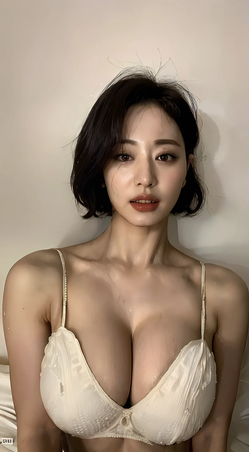 (Best Quality, 8k, 32k, Masterpiece, UHD:1.5), Photo of Attractive Japanese Woman, 1 Girl, (gigantic Boobs:1.5), (short wavy hair), Abs, Perfect Body, Ultra Detailed Face, Detailed Lips, Fine Eyes, double eyelids, pajamas, on the bed, (seductive), ((aroused:1.5))