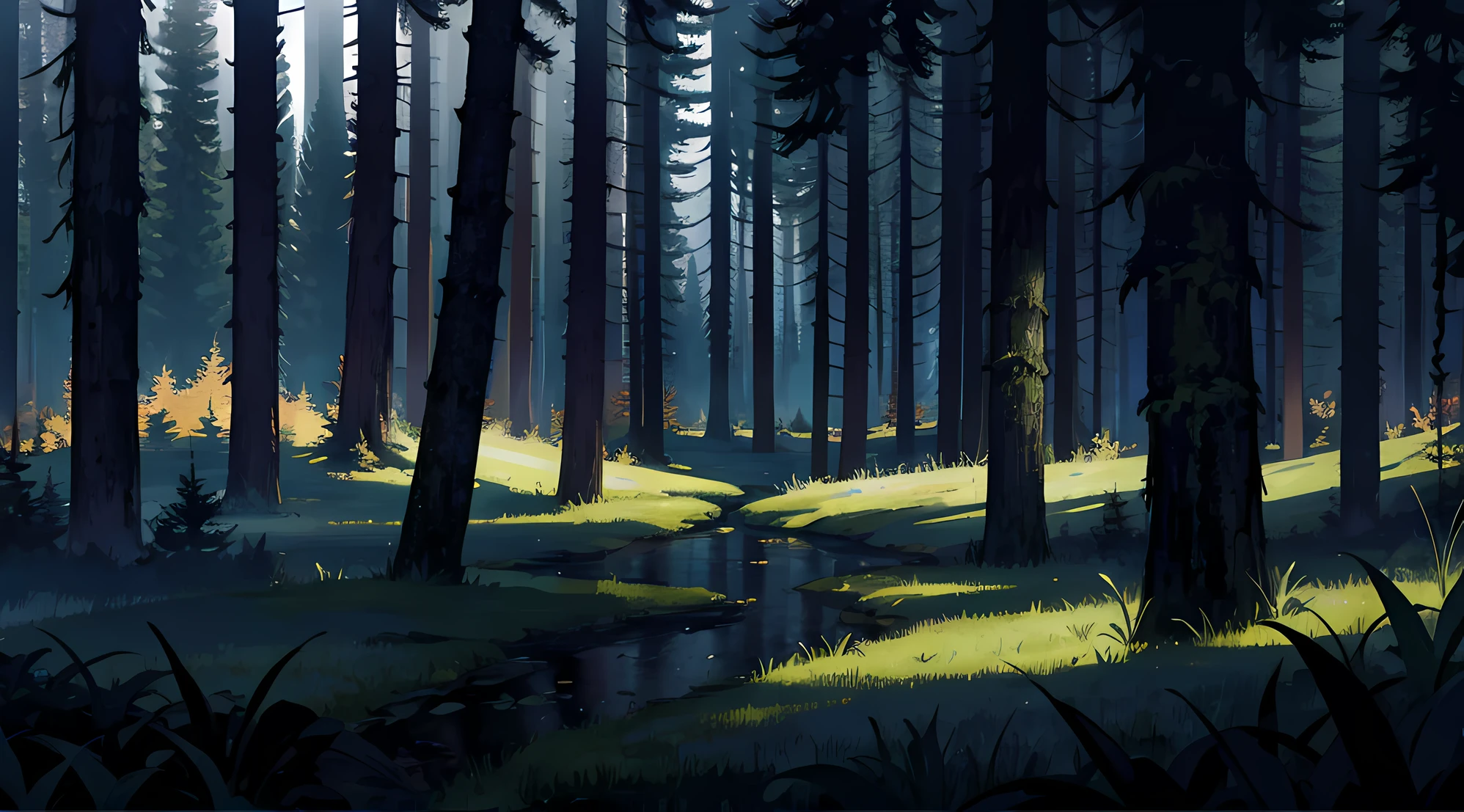 woods, fentezi, darkly, Without people, Background only, deeply forested, the night, it is frightful, Gloomy Forest, A lot of plants, dim lights, photo-realistic:1.4), A lot of black, Very dark, Obscurity, Horror, ultradetailed, Octane rendering, постпродакшн 8k, iridescent colors,