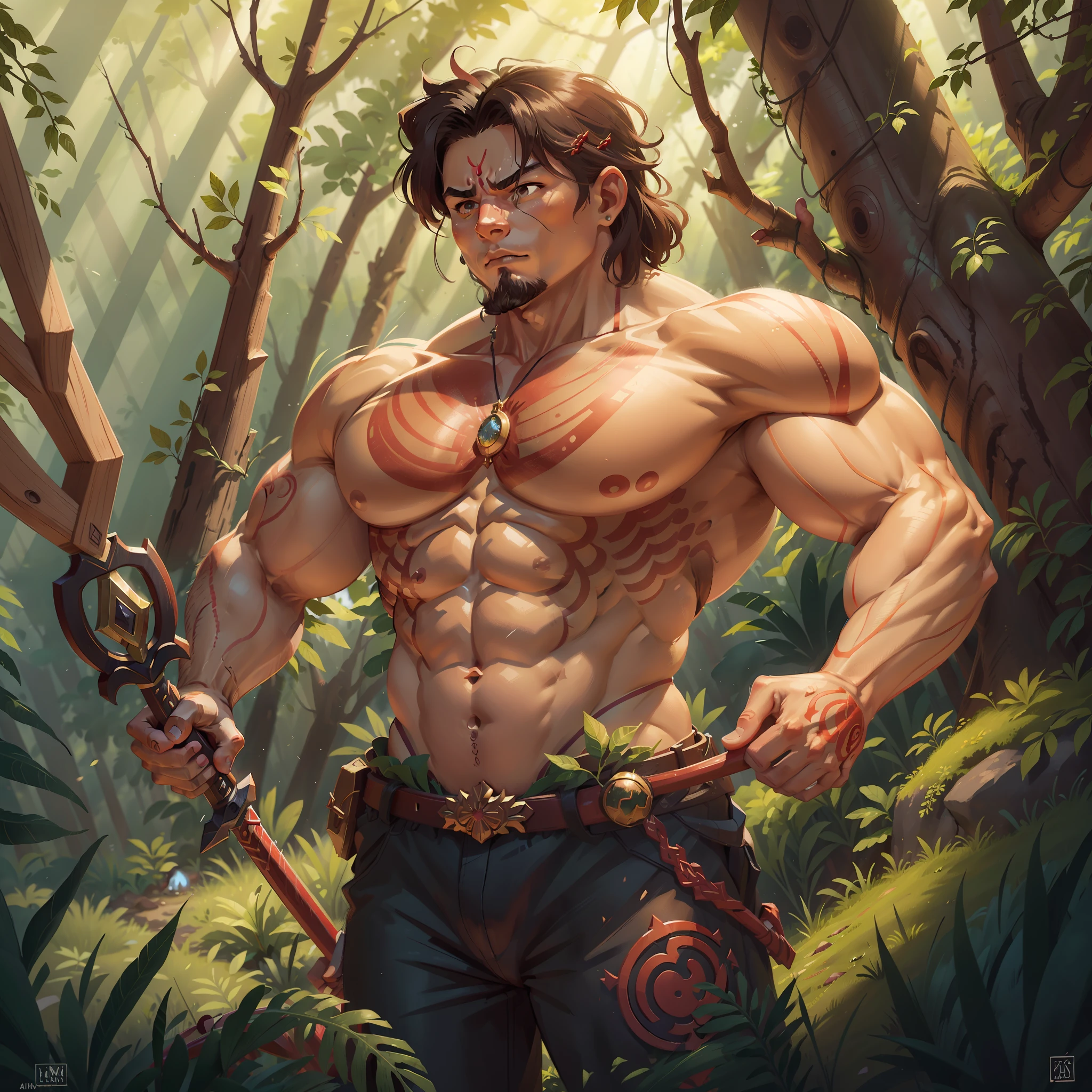 Na sombra da densa floresta, uma figura impressionante emerge. Um Oni de beleza surpreendente e encantadora. His muscular body is sculpted to perfection, displaying the formidable strength and grandeur typical of these legendary creatures.
Their skin is the color of amber, radiating a bright red hue that stands out amid the lush green of the trees and foliage around it. Seus olhos, de um intenso tom carmim, reveal an intriguing expression, mixing the aura of mystery of a supernatural being with a touch of fascination.
Os chifres vermelhos do Oni, proeminentes em sua testa, se curvam graciosamente para cima, adding a majestic touch to your appearance. The tips of the horns glow like rubies in the sunlight filtered through the treetops.
Oni is shirtless, allowing your powerful and well-defined muscles to be on display. His back and arms reveal an intricate body art, with geometric patterns and symbols that seem to echo a mystical and ancestral heritage.
in her hands, He wields a vivid red sword., combinando com seus chifres e ressaltando sua aura ardente. The blade of the spaghetti appears to be made of an enigmatic material, reflecting a light of its own that increases the magnetism of the Oni.
Enquanto ele se posiciona na clareira da floresta, uma pose ousada e sensual, His posture looks like a perfect dance between strength and grace. His slightly tense muscles reveal an impressive control over his powerful body, destacando a harmonia de seu ser.
The golden light of the sun filtering through the trees creates a magical setting around the Oni, enhancing its beauty and magnetism. The air is impregnated with a mysterious and enchanting atmosphere, inviting the imagination to lose itself in the mesmerizing presence of this extraordinary being.