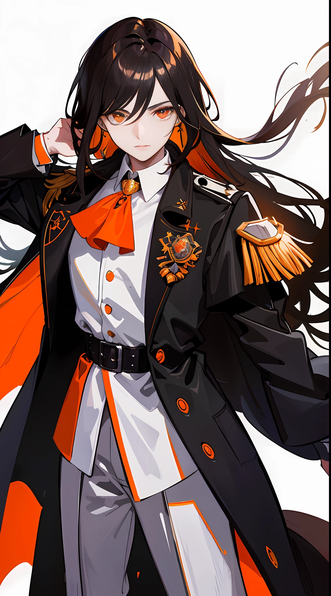 (tmasterpiece,HighestQuali,A high resolution),1 medieval brunette male,Short wolf tail hairstyle,with slightly long hair,Has bright orange eyes,Wear a black trench coat,White color blouse,Wear orange earrings,bust,Look forward firmly,stark shadows, bright highlights,simply white background