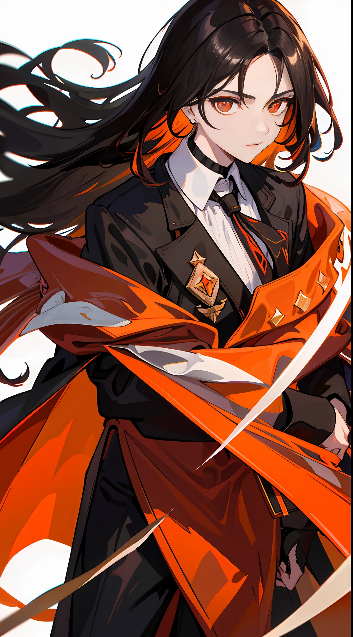 (tmasterpiece,HighestQuali,A high resolution),1 medieval brunette male,Short wolf tail hairstyle,with slightly long hair,Has bright orange eyes,Wear a black trench coat,White color blouse,Wear orange earrings,bust,Look forward firmly,stark shadows, bright highlights,simply white background