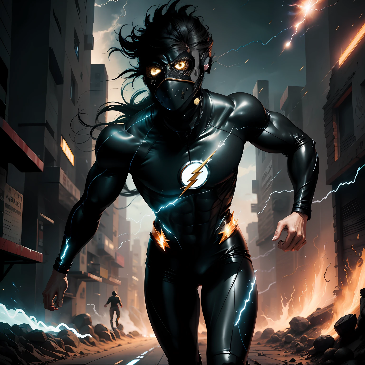 jovem olhando para frente, Black flash mask with golden details on ears.