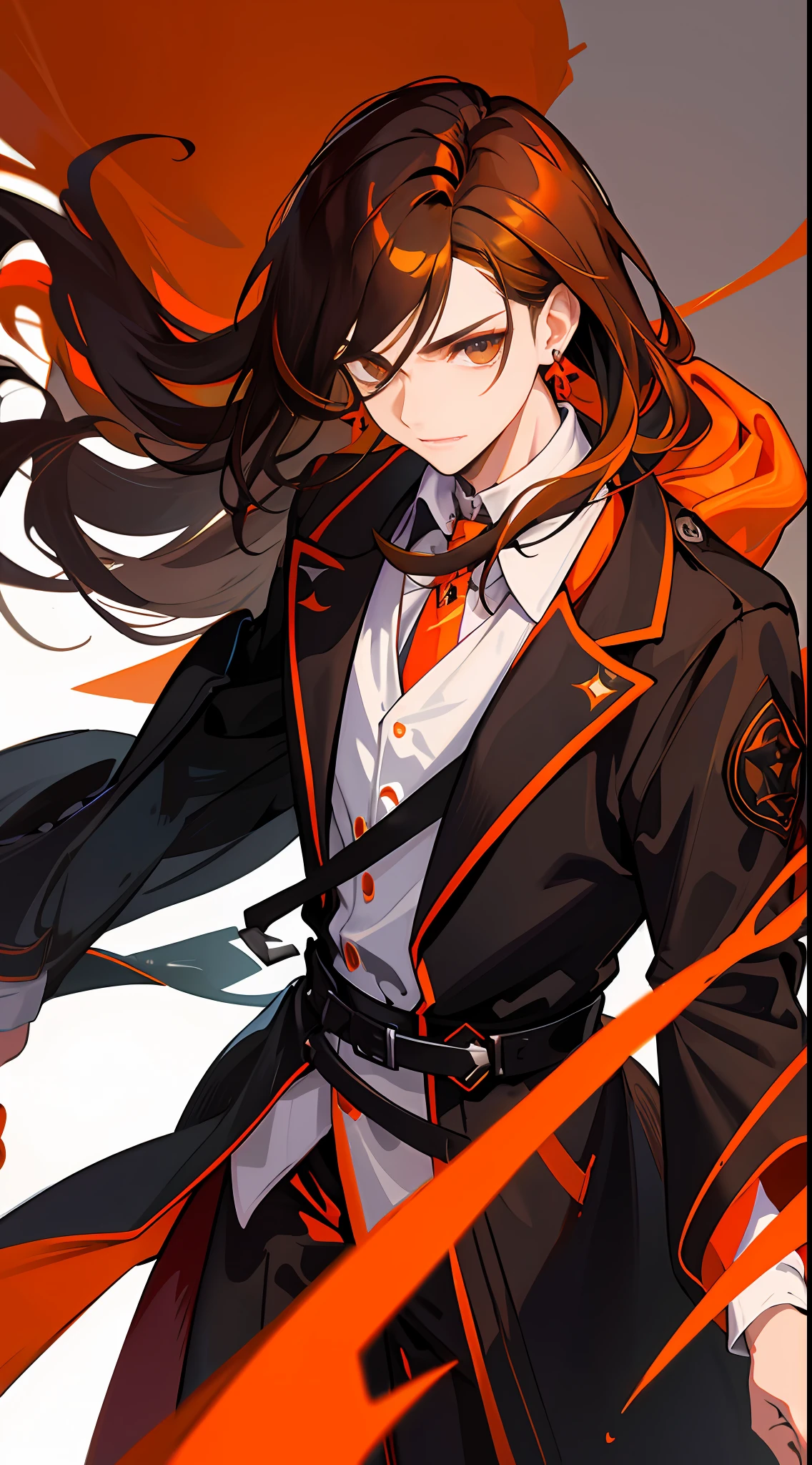 (tmasterpiece,HighestQuali,A high resolution),1 medieval brunette male,Short wolf tail hairstyle,with slightly long hair,Has bright orange eyes,Wear a black trench coat,White color blouse,Wear orange earrings,bust,Look forward firmly,stark shadows, bright highlights,simply white background