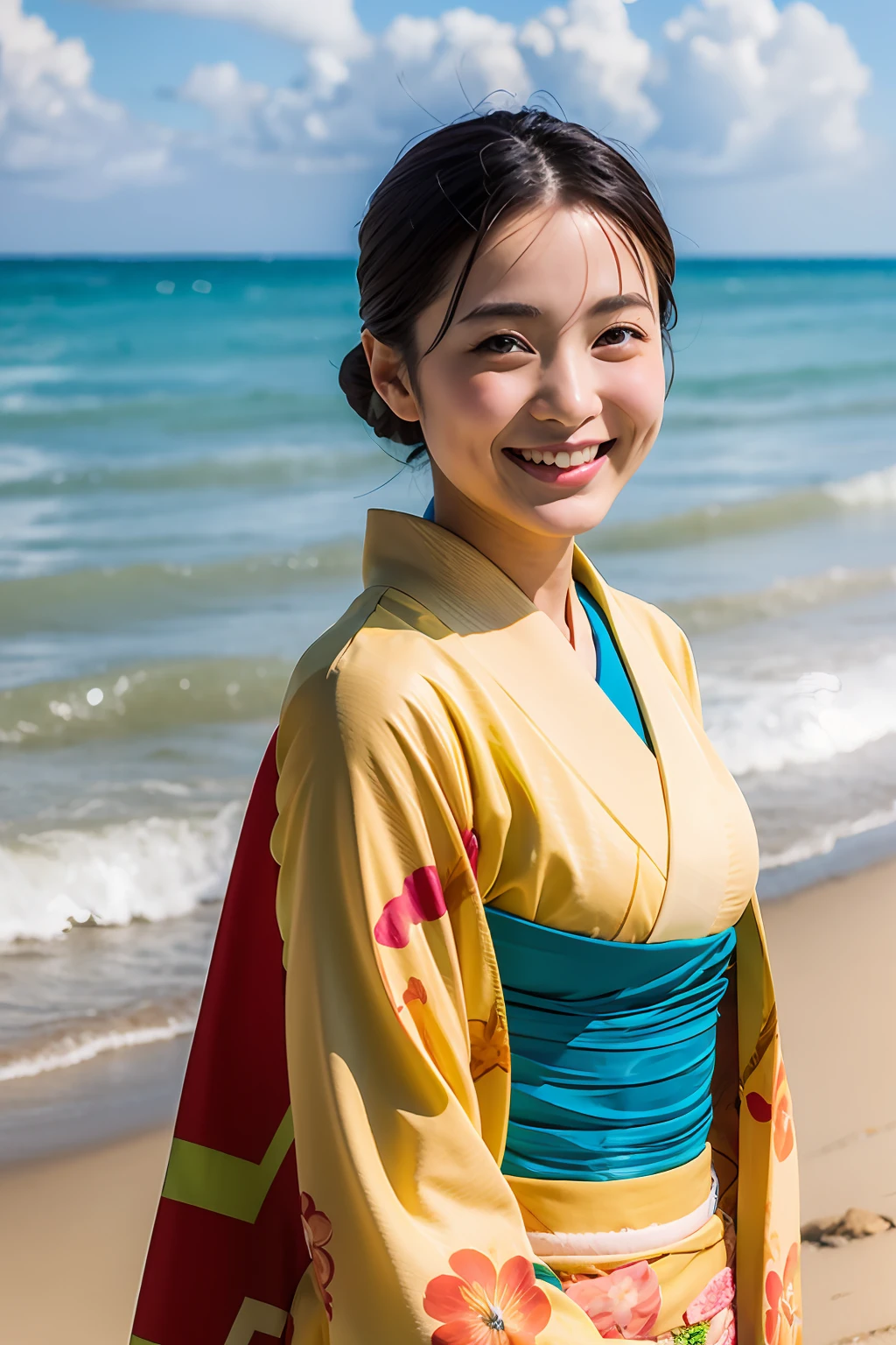 beautiful japanese female、Vivid kimono、top-quality、masterpiece、超A high resolution、Photorealsitic、Look at the horizon、A smile、Blurred background