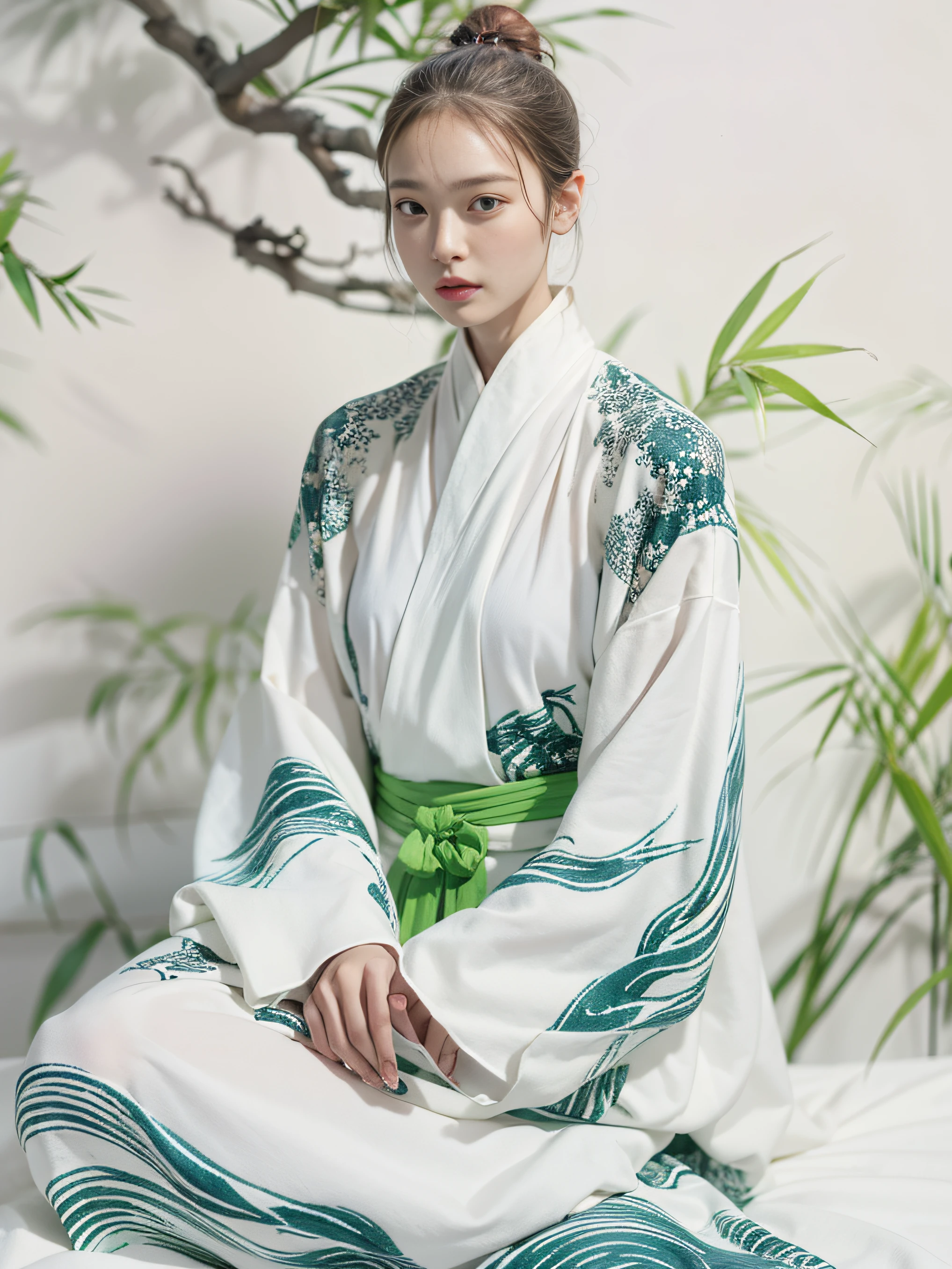 A modern fashion take on a Song Dynasty scholar, dressed in a minimalist, flowing robe with intricate ink painting motifs, with a tranquil, contemplating pose. The medium is Harper's Bazaar. Use an extra long shot to capture the surrounding scene filled with bamboos and white walls to enhance the Zen atmosphere. The artist is Erik Madigan Heck