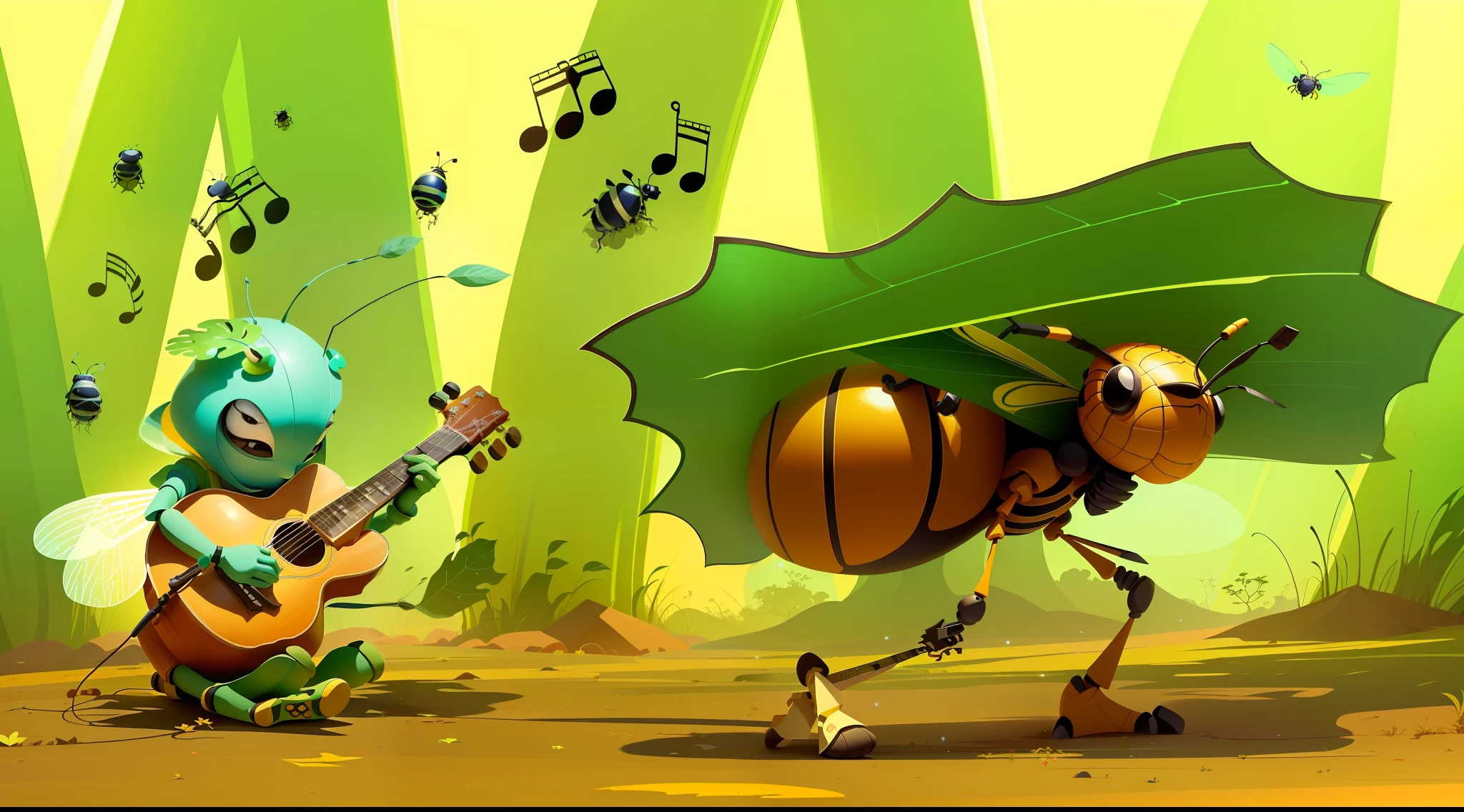 Cartoon illustration of an insect playing guitar and an insect with a leaf, jamming to music, arte de fundo, illustration!, shy beetles, vida de formiga, illustration of children's books, illustration of children's books, illustration, animation movie still, illustration for children's book, illustration of children's book, illustration of children's book, animation still, personagem barata, Directed by: Goro Fujita, Directed by: Giorgio Cavallon