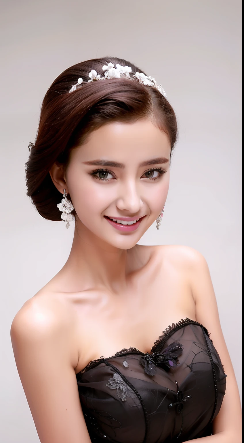 Fashion model 18 years old [[[[closeup cleavage]]]], [[[[boobgasm]]]], [[[[coll]]]], [[[[bshoulders]]]], perfect  eyes, Perfect iris，perfect lips，perfect teeth，Perfect skin，Long face，Soft front light，HDR，Outfit in black，green outfit，White or pink flowers on the background，（pastel colour：1.2）