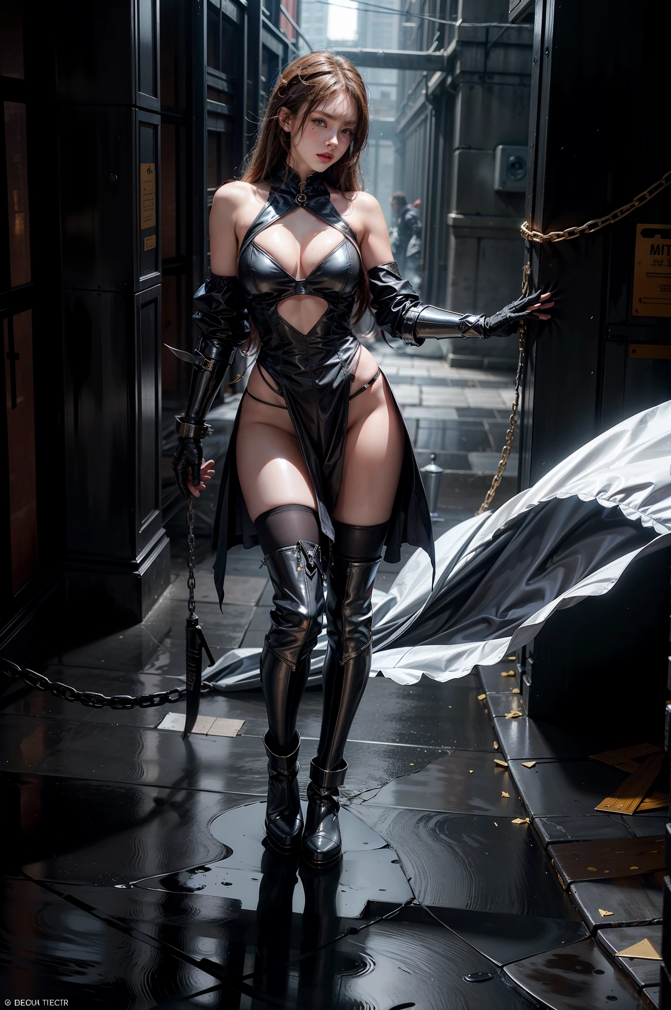 [ ] （（The beauty straddles the iron rod）），tiptoeing，（（Wearing a torn sheer costume of a superheroine）），（with no underpants，no brassiere）），Wet crotch，Wet thighs，Wet thighs，a beauty girl，Highlights slender abs：1.4，（（（nipple tips protruding，areola is protruding，The shape of is clearly visible））， sixpack abs：1.4，Bust Botox，photore，Sharpness，Unique 850 4， Koda850 k portrait camera， F1.6 shots， hyper realistic texture， spectacular light texture， Cinestil 800 fashion mechanic， （futuristic sci-fi battle fashion， Elbow and knee cyberpads， cyber long boots， cyberglove： 1.1）， （tied perfectly by chain）， Restraint， slaves， Collar， defiance， （（（Tears flow， Crying in pain））， perspired， （（A wide prison with sunshine））， dark fantacy， peeling of the ceiling， broken slabs， Rebar between cracks， Realistic material details，extremy detailed，surreal material，shattered wall，（（Torn costume））），soggy，The cloudy，（锁链）），（（big emphasized by chains）），（（The chain digs into the crotch）），（（hands tied behind her back，Invisible hand）），（with no underpants，no brassiere），Broken costumes，broken golden shields and battle spears，Boots with white knee pads，White combat gloves，Combat shoulder armor，junkyard， blood splattered on the face，blood splattere，realisticlying，（Bruises，Dirty，torn laundry，skimpy clothing，bloods：1.3），brown  hair，long whitr hair，Torn Cape，Torn pantyhose，long leges，（（iron pipe in the crotch）），Metal shackles and shackles，（（Chains hanging from heaven）），The wet crotch is clearly visible，At his feet are swords and shields made of Swarovski，parfect anatomy，（Futuristic sci-fi combat fashion， Web pads with broken elbows and knees，ripped cyber long boots，ripped cyber gloves：1.1），