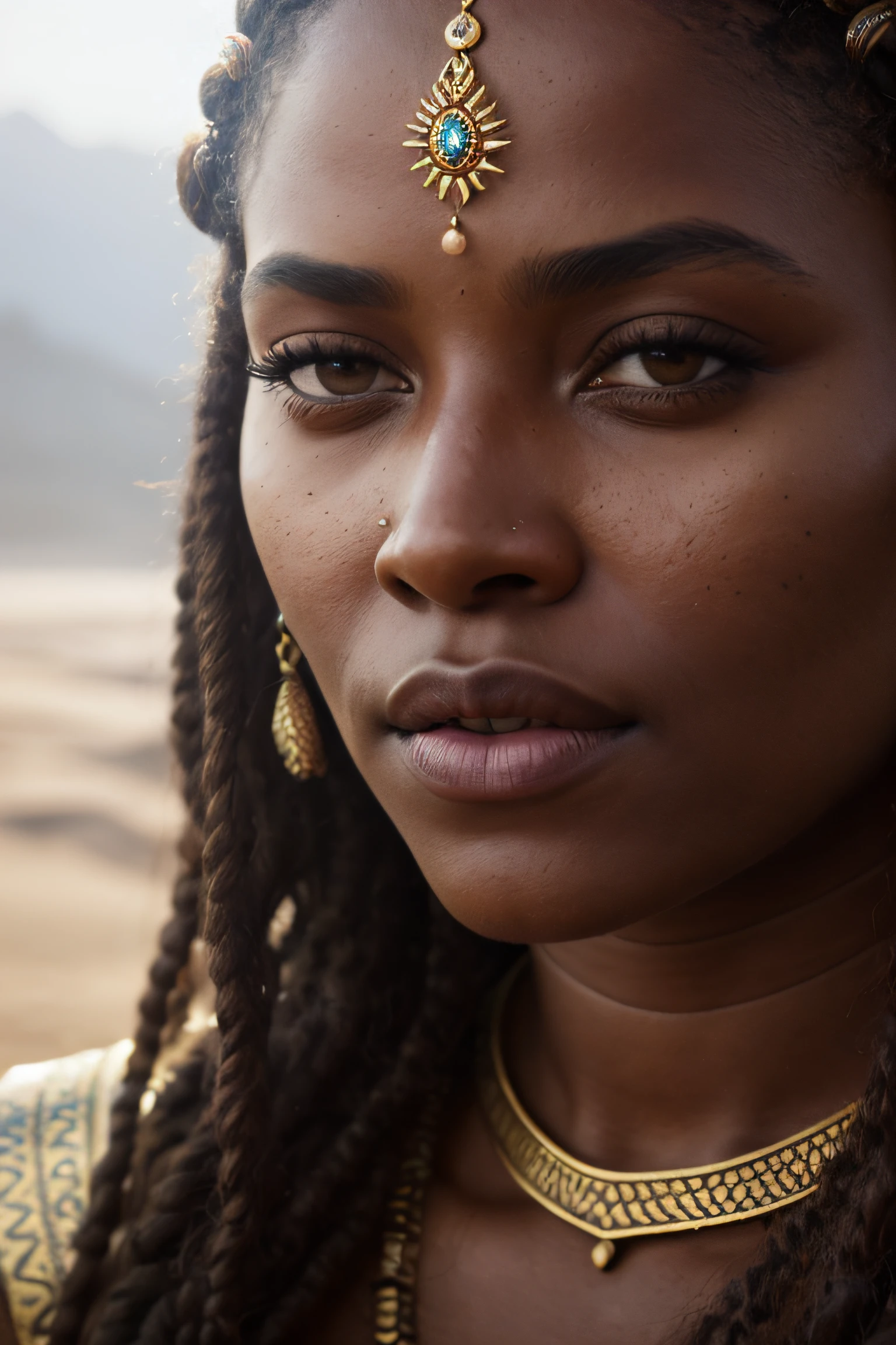 close up portrait of a 22 year-old gorgeous confident malagasy Semang dark-skinned medieval fantasy queen, plump lips, gorgeous hazel-colored eyes, long hair, dutch braids, elaborate hairdo, serious look, steadfast expression, slim, rich regal traditional fantasy north african regal clothes, filigree jewels, in a fantasy north african palace, (backlighting), realistic, masterpiece, highest quality, lens flare, shade, bloom, [[chromatic aberration]], by Jeremy Lipking, by Antonio J. Manzanedo, digital painting