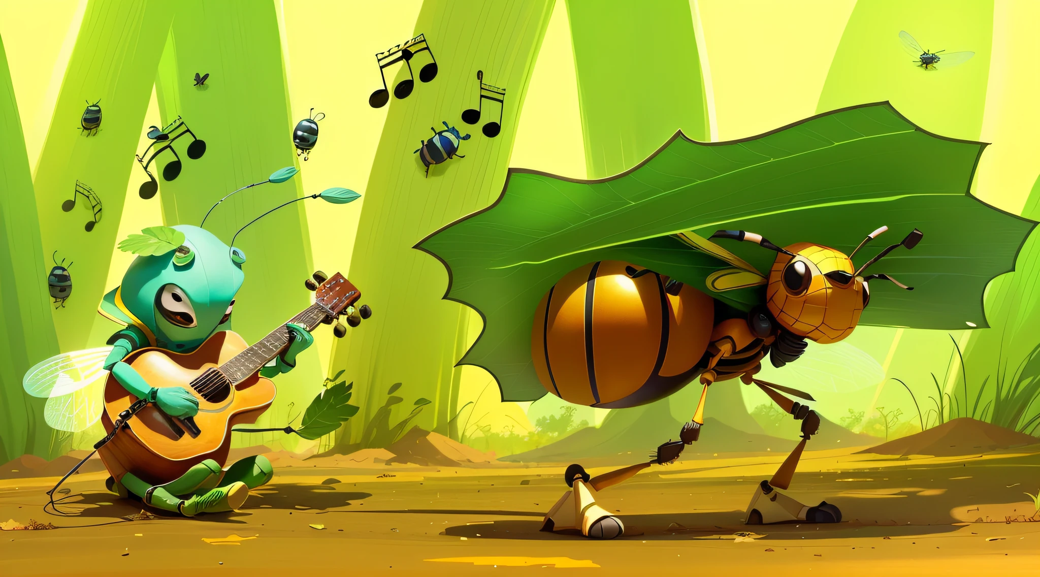 Cartoon illustration of an insect playing guitar and an insect with a leaf, jamming to music, arte de fundo, illustration!, shy beetles, vida de formiga, illustration of children's books, illustration of children's books, illustration, animation movie still, illustration for children's book, illustration of children's book, illustration of children's book, animation still, personagem barata, Directed by: Goro Fujita, Directed by: Giorgio Cavallon