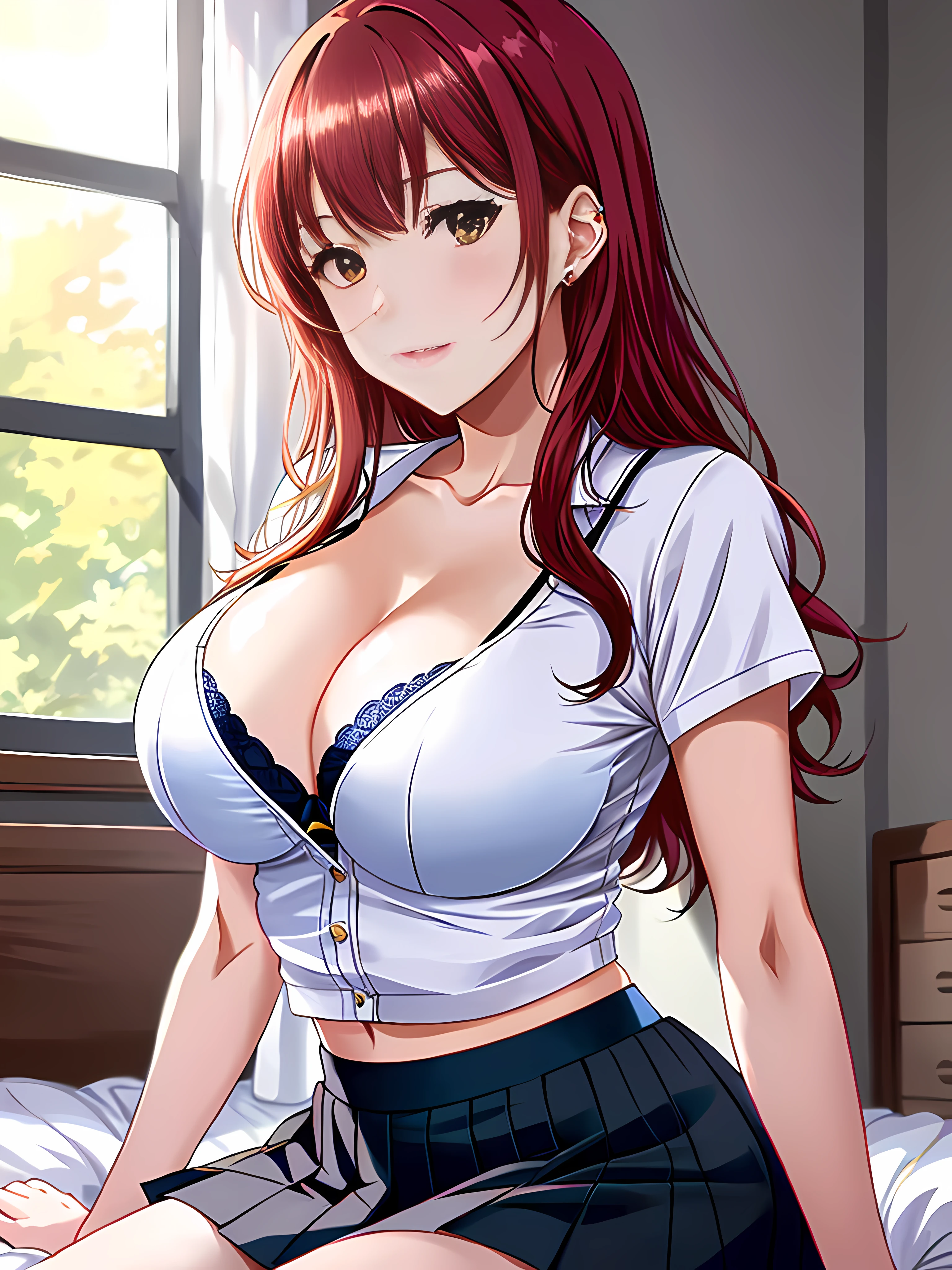 In the room with feminine and youthful details, lying on the bed, half-naked, stretching out her arms, red hair schoolgirl, traslucent white blouse showing the black bra that holds her breasts, big chest, beautiful gradient, Full body, Beautiful anime style girl, clean detailed facesKawaii, anime girl, dynamic pose, massive chest, Schoolgirl uniform, green Mini-skirt, full body, Uhd digital painting, hyperdetailed triadic colors, unreal engine, intricate detail, complementary colors, 8k resolution, heavy strokes, dynamic light source