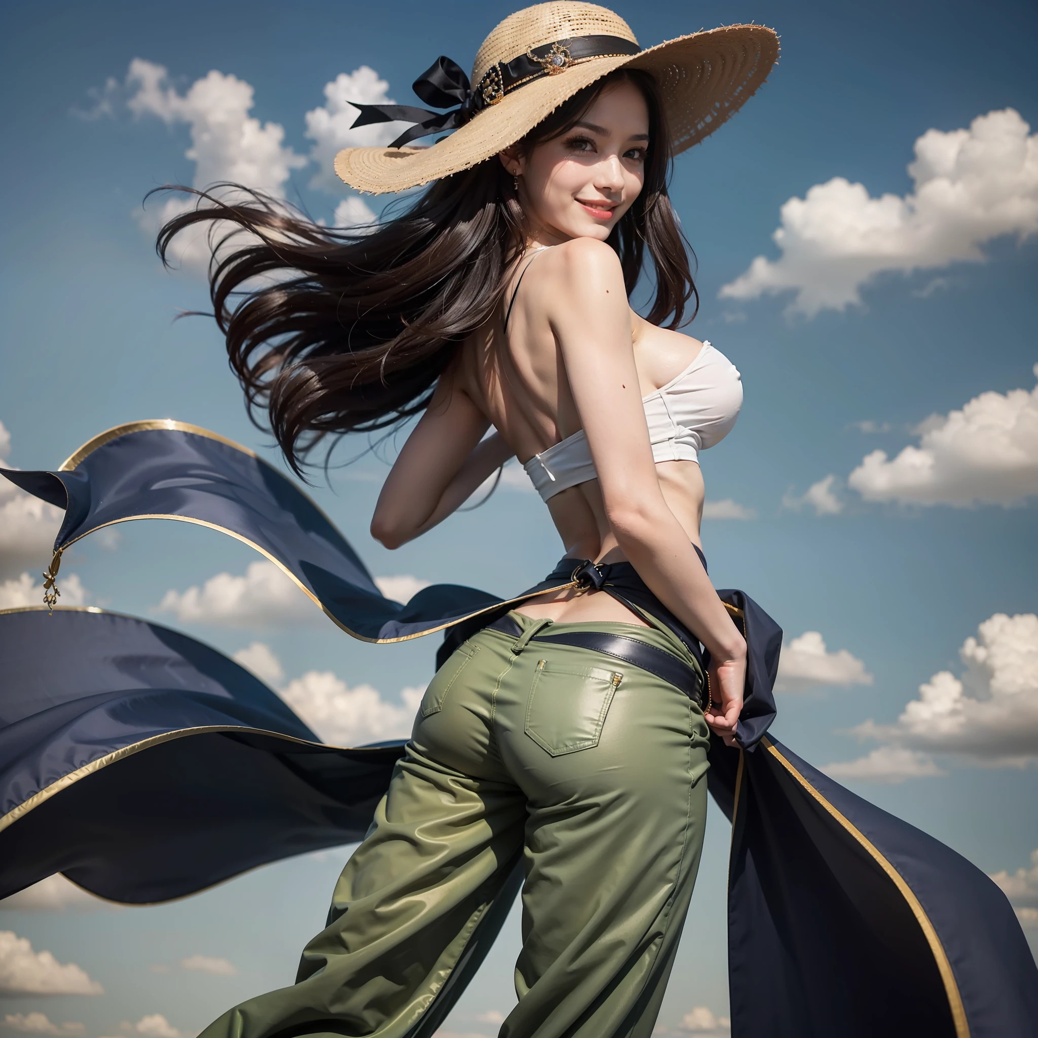 Top image quality、hight resolution、Beautiful One Woman in Perfect Style、affectionate smile、Flared pants、Gaucho Pants、Wide pants、big breasts thin waist、slim legs、A clear day、the wind、Rear view