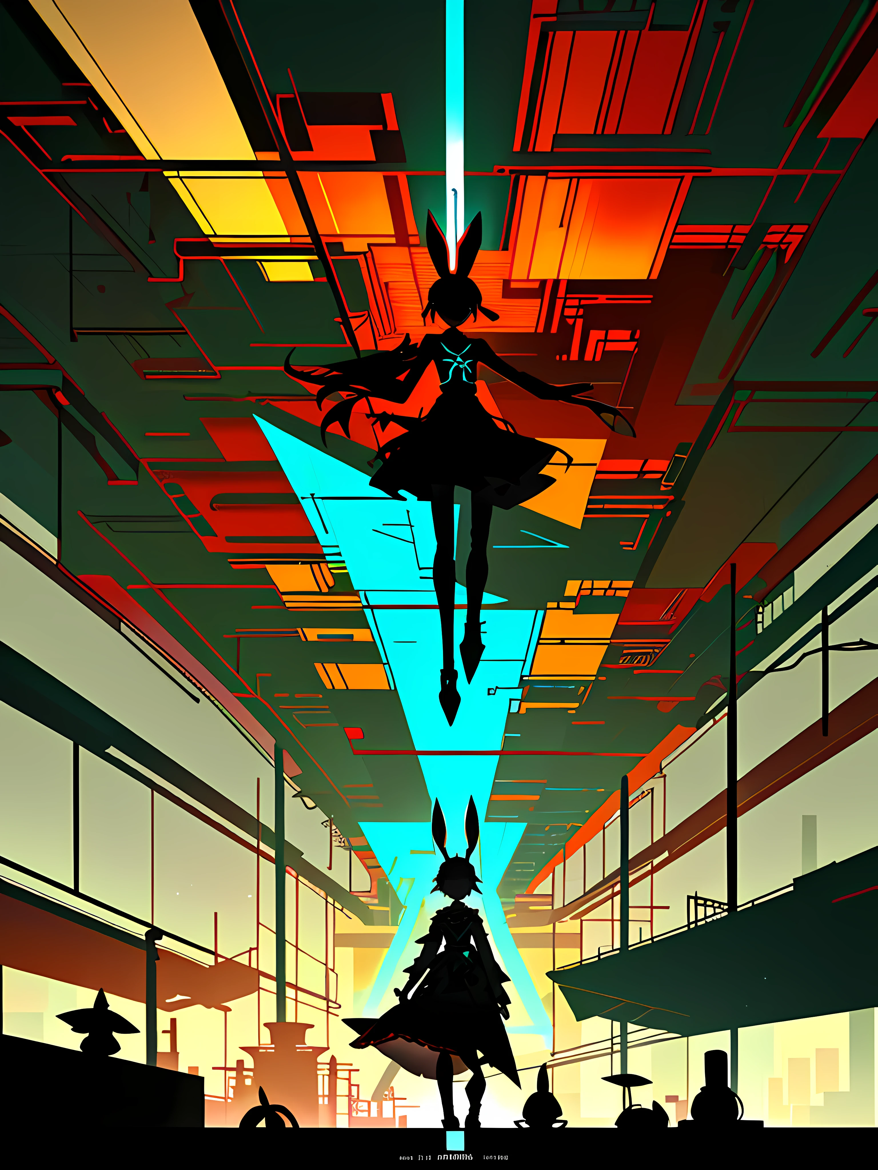 (blame! style abandoned tech landscape), (Zen, Amy Sol style), (underground, dark, foggy, perilous, abandoned dystopian apartment bedroom, deep windows), (abstract anthro rabbit figure wearing bunny ears), cover art with light abstraction, abstract, simple vector art, contemporary Cybernetic art, color gradients, soft color palettes, layered forms, whimsical animation, style Ethereal abstract, 4K, --v6