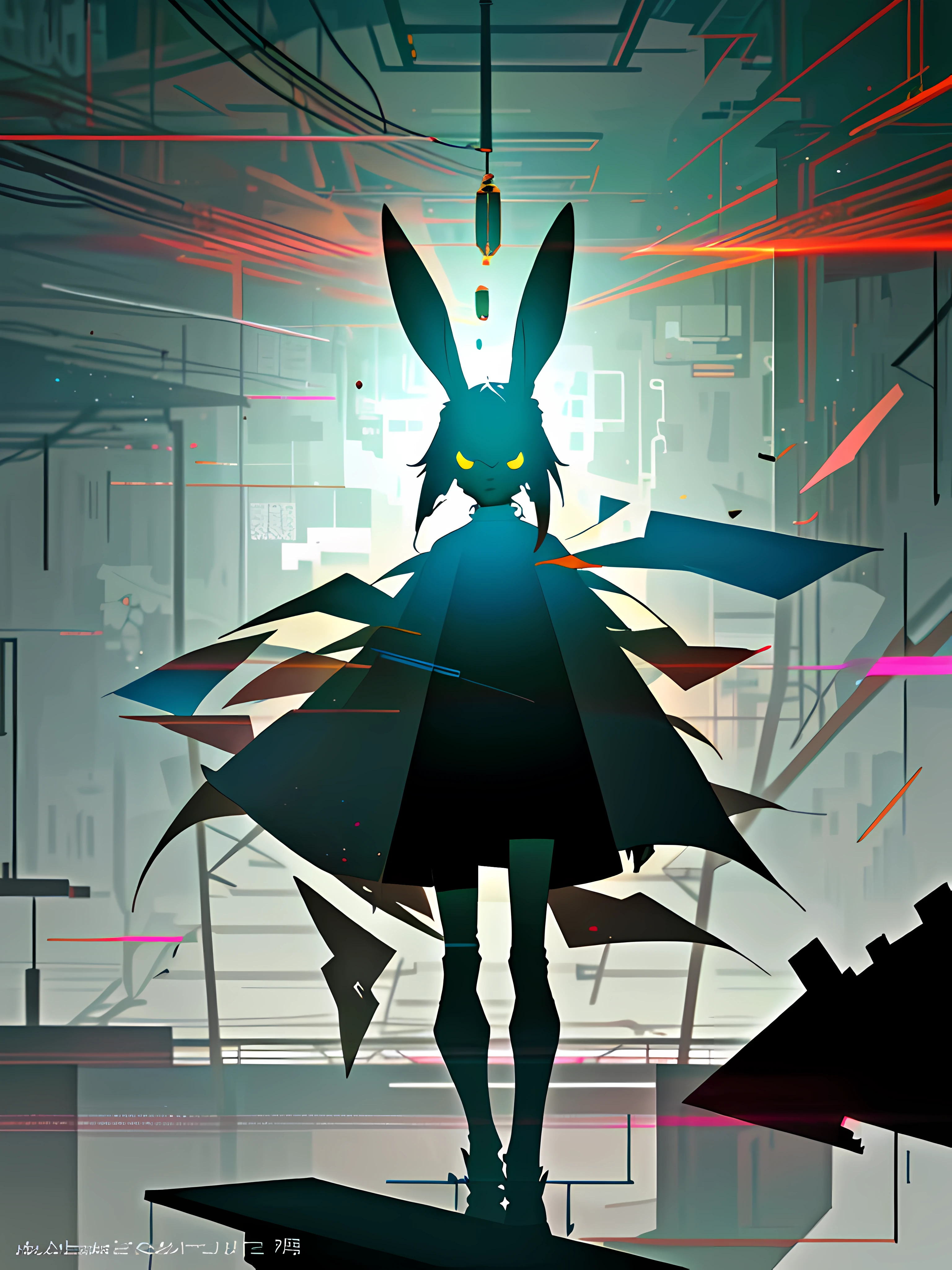 (blame! style abandoned tech landscape), (Zen, Amy Sol style), (underground, dark, foggy, perilous, abandoned dystopian apartment bedroom, deep windows), (abstract anthro rabbit figure wearing bunny ears), cover art with light abstraction, abstract, simple vector art, contemporary Cybernetic art, color gradients, soft color palettes, layered forms, whimsical animation, style Ethereal abstract, 4K, --v6