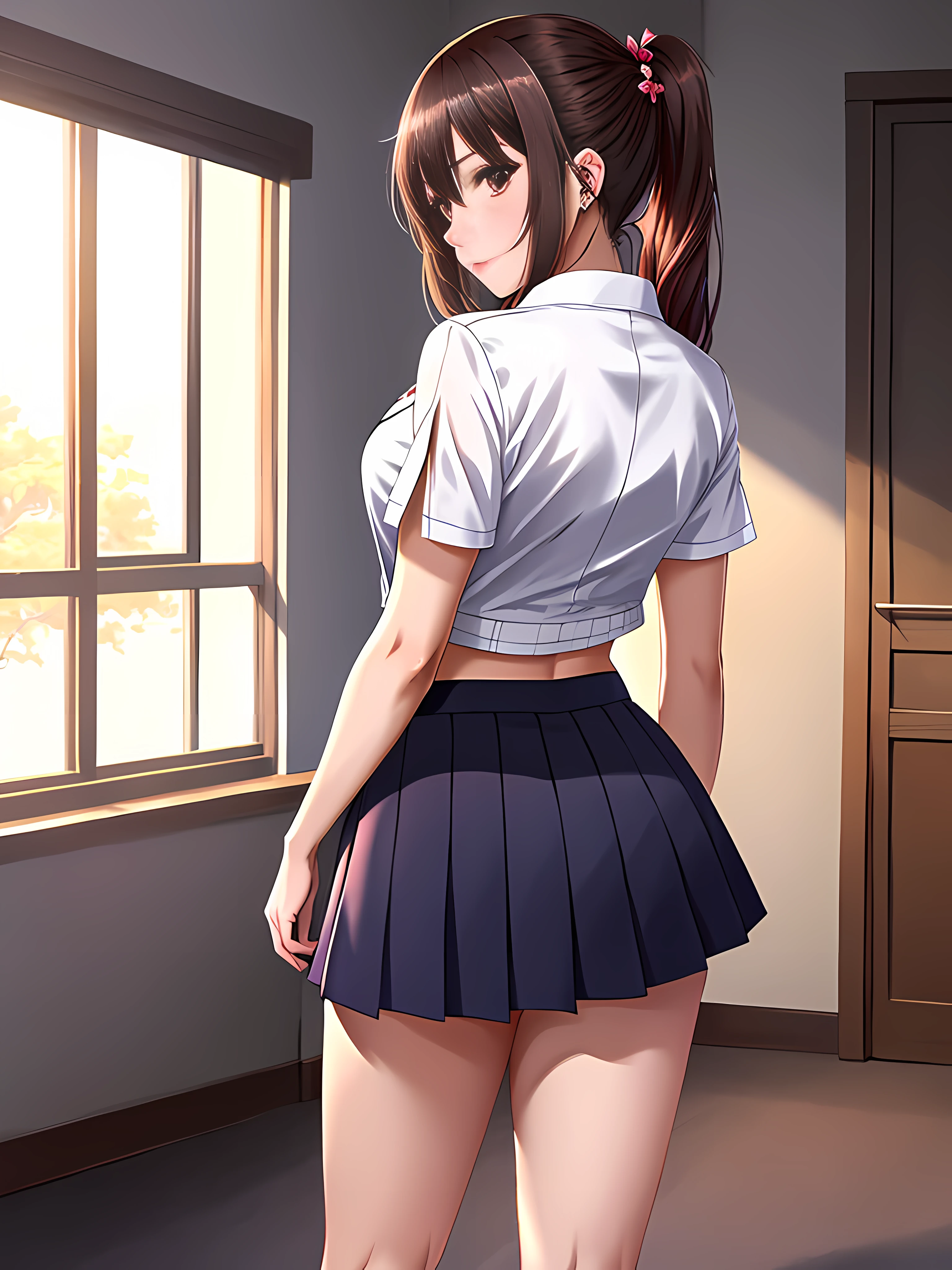 In the room with feminine and youthful details, blouse completely unbuttoned below the middle back held up by the arms exposing her body under the blouse, with his back, focused on his back, big chest, beautiful gradient, Full body, Beautiful anime style girl, clean detailed facesKawaii, anime girl, dynamic pose, massive chest, Schoolgirl uniform, Mini-skirt, full body, Uhd digital painting, hyperdetailed triadic colors, unreal engine, intricate detail, complementary colors, 8k resolution, heavy strokes, dynamic light source