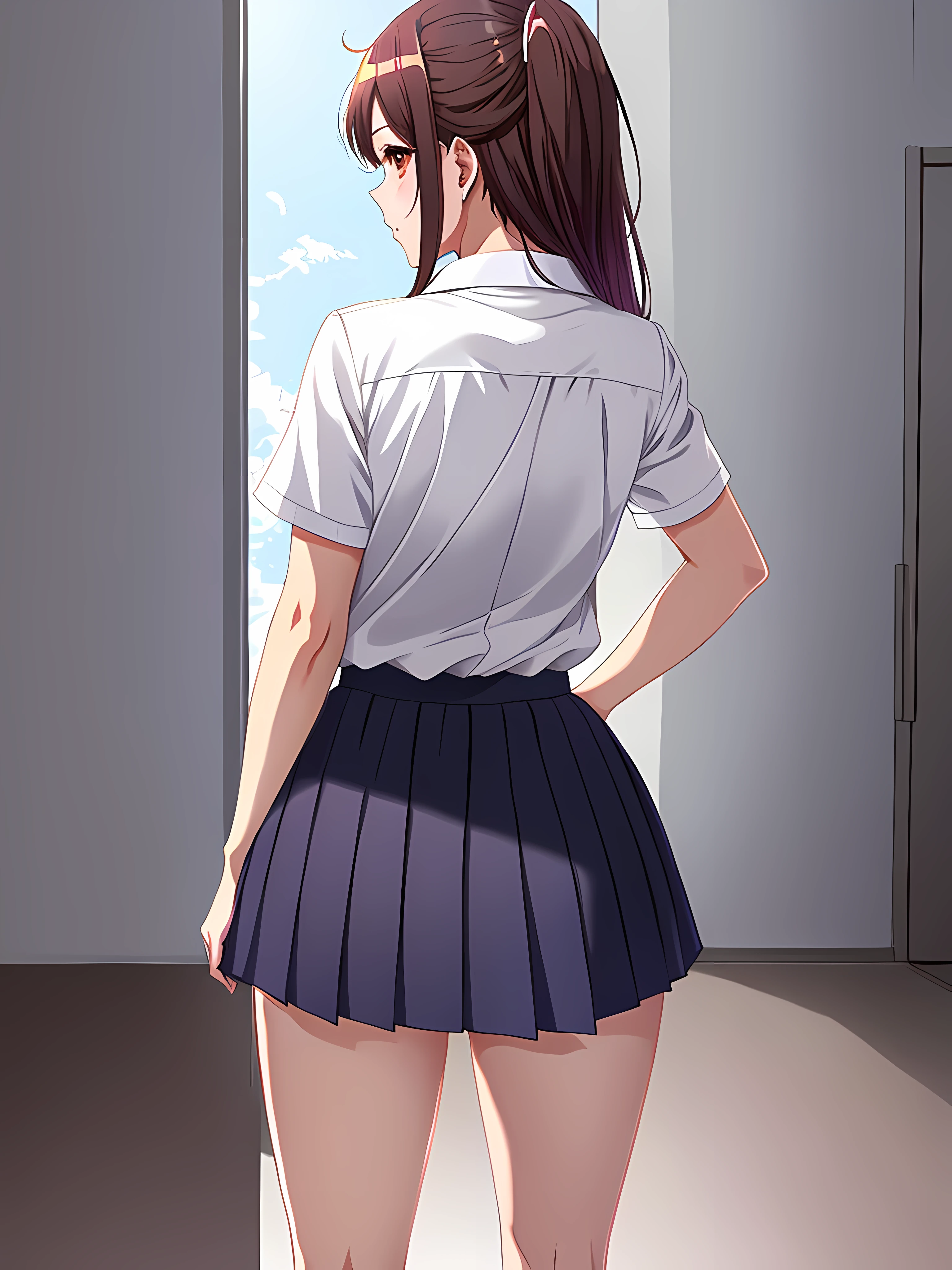 In the room with feminine and youthful details, blouse completely unbuttoned below the middle back held up by the arms exposing her body under the blouse, with his back to the camera, with the camera focused on his back, big chest, beautiful gradient, Full body, Beautiful anime style girl, clean detailed facesKawaii, anime girl, dynamic pose, massive chest, Schoolgirl uniform, Mini-skirt, full body, Uhd digital painting, hyperdetailed triadic colors, unreal engine, intricate detail, complementary colors, 8k resolution, heavy strokes, dynamic light source