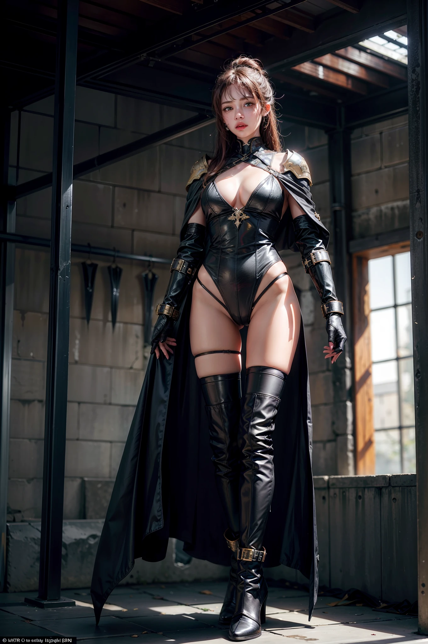 [ ] （（The beauty straddles the iron rod）），Tiptoeing，（（Wearing a torn sheer costume of a superheroine）），（with no underpants，no brassiere）），Wet crotch，Wet thighs，Wet thighs，a beauty girl，Highlights slender abs：1.4，（（（nipple tips protruding，areola is protruding，The shape of is clearly visible））， sixpack abs：1.4，Bust Botox，photore，Sharpness，Unique 850 4， Koda850 k portrait camera， F1.6 shots， hyper realistic texture， Spectacular light texture， Cinestil 800 fashion mechanic， （futuristic sci-fi battle fashion， Elbow and knee cyberpads， cyber long boots， cyberglove： 1.1）， （tied perfectly by chain）， Restraint， Slaves， Collar， defiance， （（（Tears flow， Crying in pain））， perspired， （（A wide prison with sunshine））， dark fantacy， peeling of the ceiling， broken slabs， Rebar between cracks， Realistic material details，extremy detailed，surreal material，shattered wall，（（Torn costume））），soggy，The cloudy，（锁链）），（（big emphasized by chains）），（（The chain digs into the crotch）），（（hands tied behind her back，Invisible hand）），（with no underpants，no brassiere），Broken costumes，broken golden shields and battle spears，Boots with white knee pads，White combat gloves，Combat shoulder armor，junkyard， Blood splattered on the face，blood splattere，realisticlying，（Bruises，Dirty，torn laundry，skimpy clothing，bloods：1.3），brown  hair，long whitr hair，Torn Cape，Torn pantyhose，long leges，（（iron pipe in the crotch）），Metal shackles and shackles，（（Chains hanging from heaven）），The wet crotch is clearly visible，At his feet are swords and shields made of Swarovski，parfect anatomy，（Futuristic sci-fi combat fashion， Web pads with broken elbows and knees，ripped cyber long boots，ripped cyber gloves：1.1），