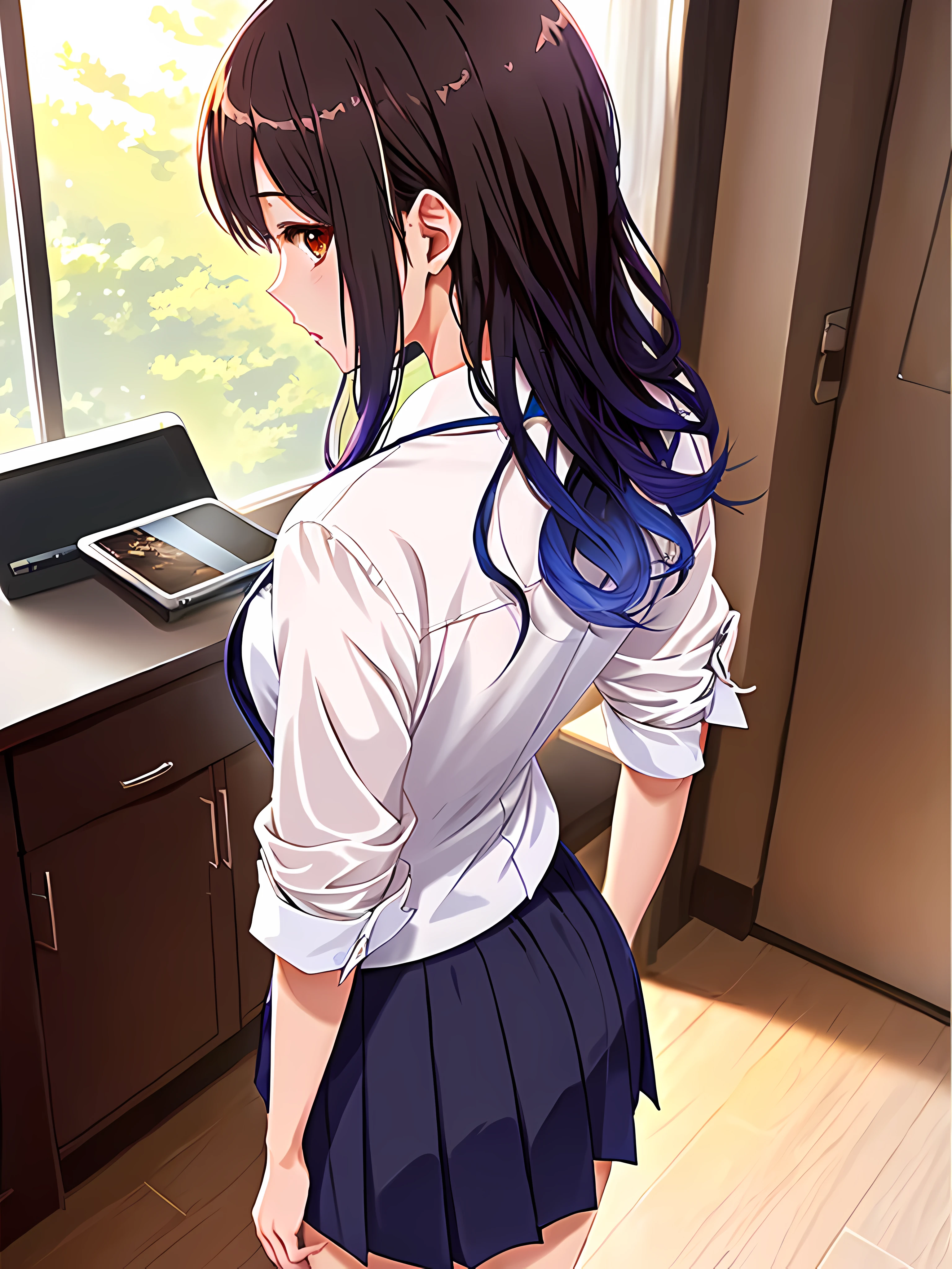 In the room with feminine and youthful details, blouse completely unbuttoned exposing her body under the blouse, with his back to the camera, with the camera focused on his back, big chest, beautiful gradient, Full body, Beautiful anime style girl, clean detailed facesKawaii, anime girl, dynamic pose, massive chest, Schoolgirl uniform, Mini-skirt, full body, Uhd digital painting, hyperdetailed triadic colors, unreal engine, intricate detail, complementary colors, 8k resolution, heavy strokes, dynamic light source