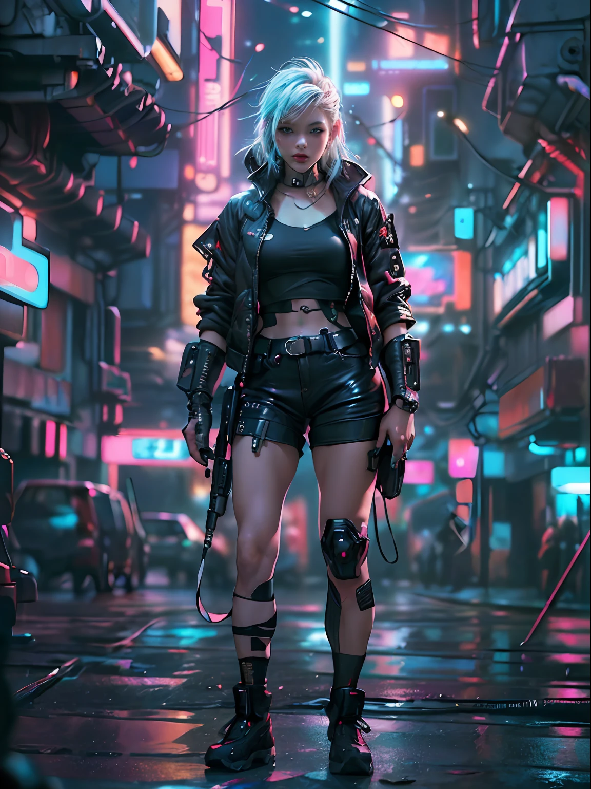 cyber punk Girl,(top-quality、8K、32K、masterpiece、nffsw:1.3)、(The ultra -The high-definition)、(Photorealsitic:1.4)、Raw photography,Charming perfect figure,actionpose:1.2,Detailed cyberpunk fashion、World of Cyberpunk,depth of fields,blurry backround,、