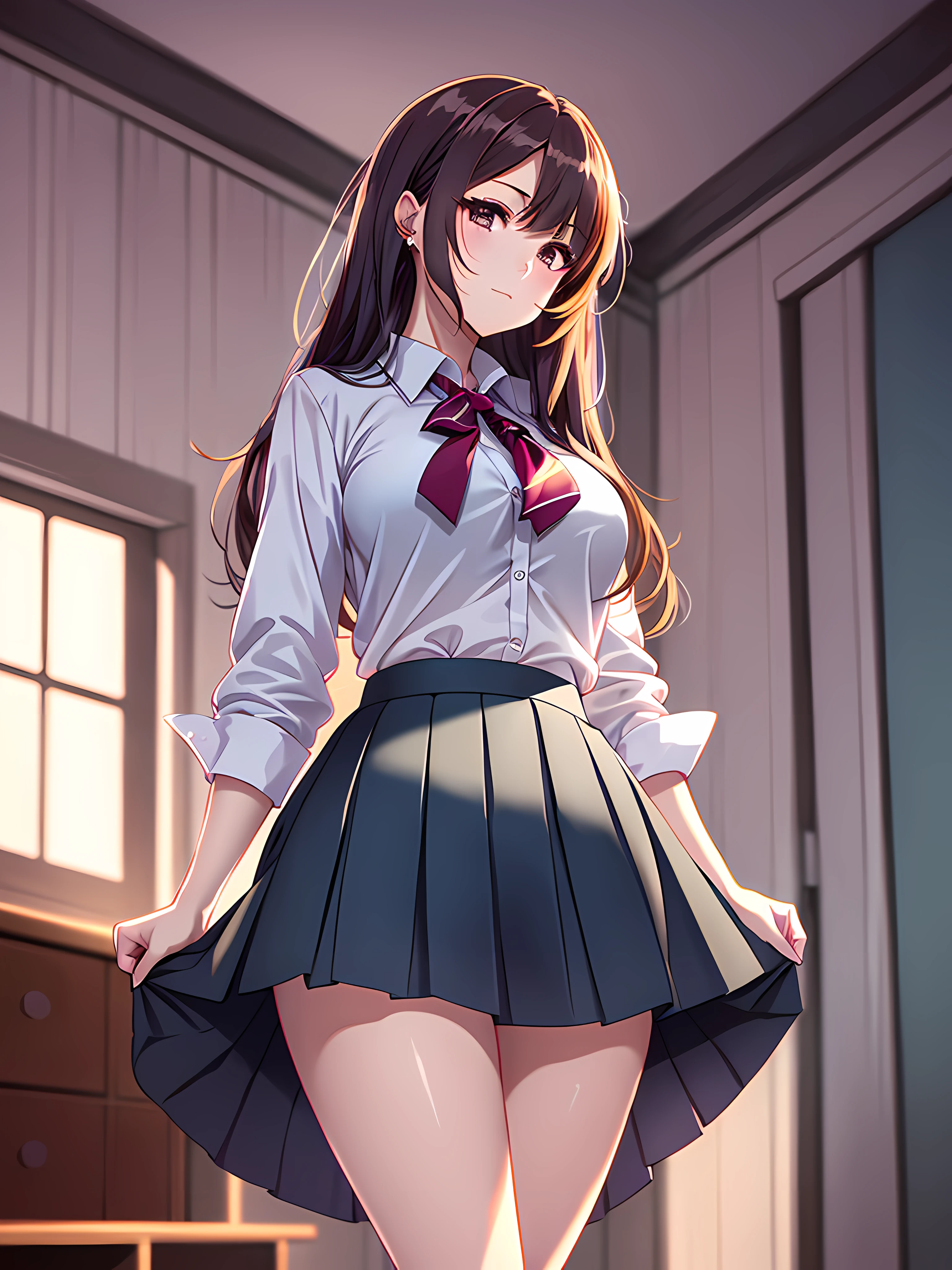 In the room with feminine and youthful details, with the blouse unbuttoned at the lower back while the intimate apparel she is wearing underneath is visible, with his back to the camera, with the camera focused on his back, big chest, beautiful gradient, Full body, Beautiful anime style girl, clean detailed facesKawaii, anime girl, dynamic pose, massive chest, Schoolgirl uniform, Mini-skirt, full body, Uhd digital painting, hyperdetailed triadic colors, unreal engine, intricate detail, complementary colors, 8k resolution, heavy strokes, dynamic light source
