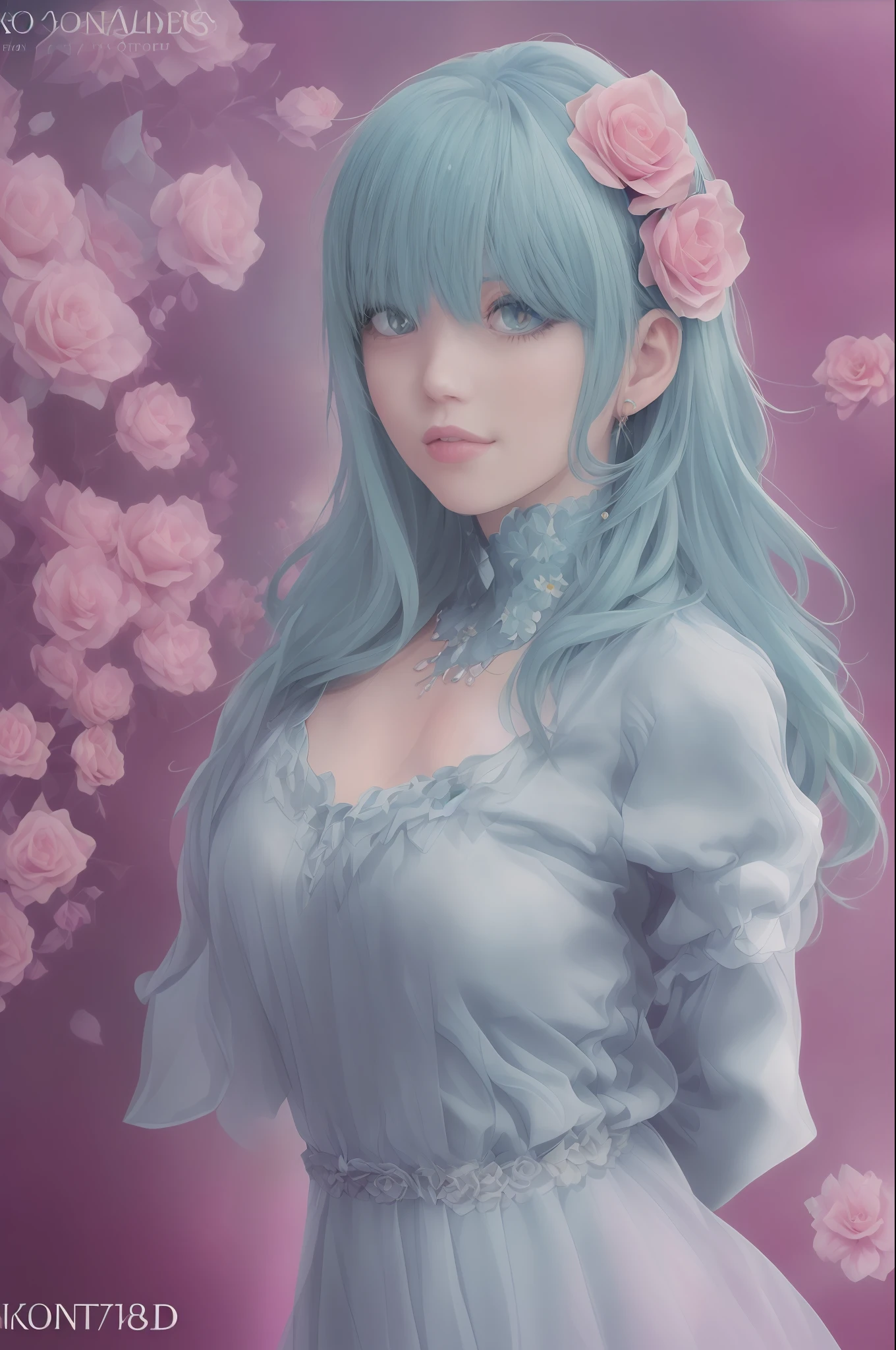 Photographic portrait of beautiful women, Sony α7, 35mm Lens, f1.8、((Konmutsuki_gacha_series1, punk_rosette))), cute girl, aqua color flowers, (full body), elegant flowers background, realistic photo, beautiful woman, Beautiful girl, beautiful background, charming girls, realistic 3d style, photo realistic render