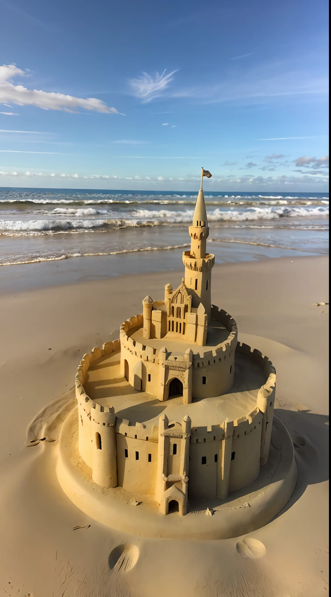 (sand castle:1)  representing Mont Saint Michel miniature on the beach, ultra realistic photo, extreme details, macro photography