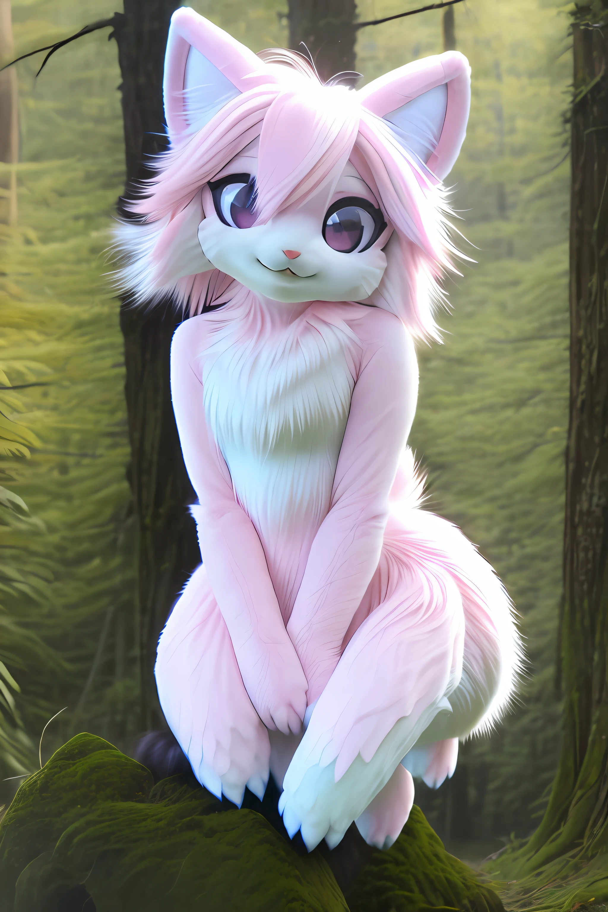 RAW photo, hyper HD, Digital SLR, High quality, Realistic, photograph realistic, DreamlikeArt, Lens flare, Upper body, view the viewer, Animal focus, Furry, fur set, 1girll, Cute, kawaii, Lovely, fur, Fur head, Narrow waist, Animal ears, clawed paws, paw shoes,Lonely rock,in pink
