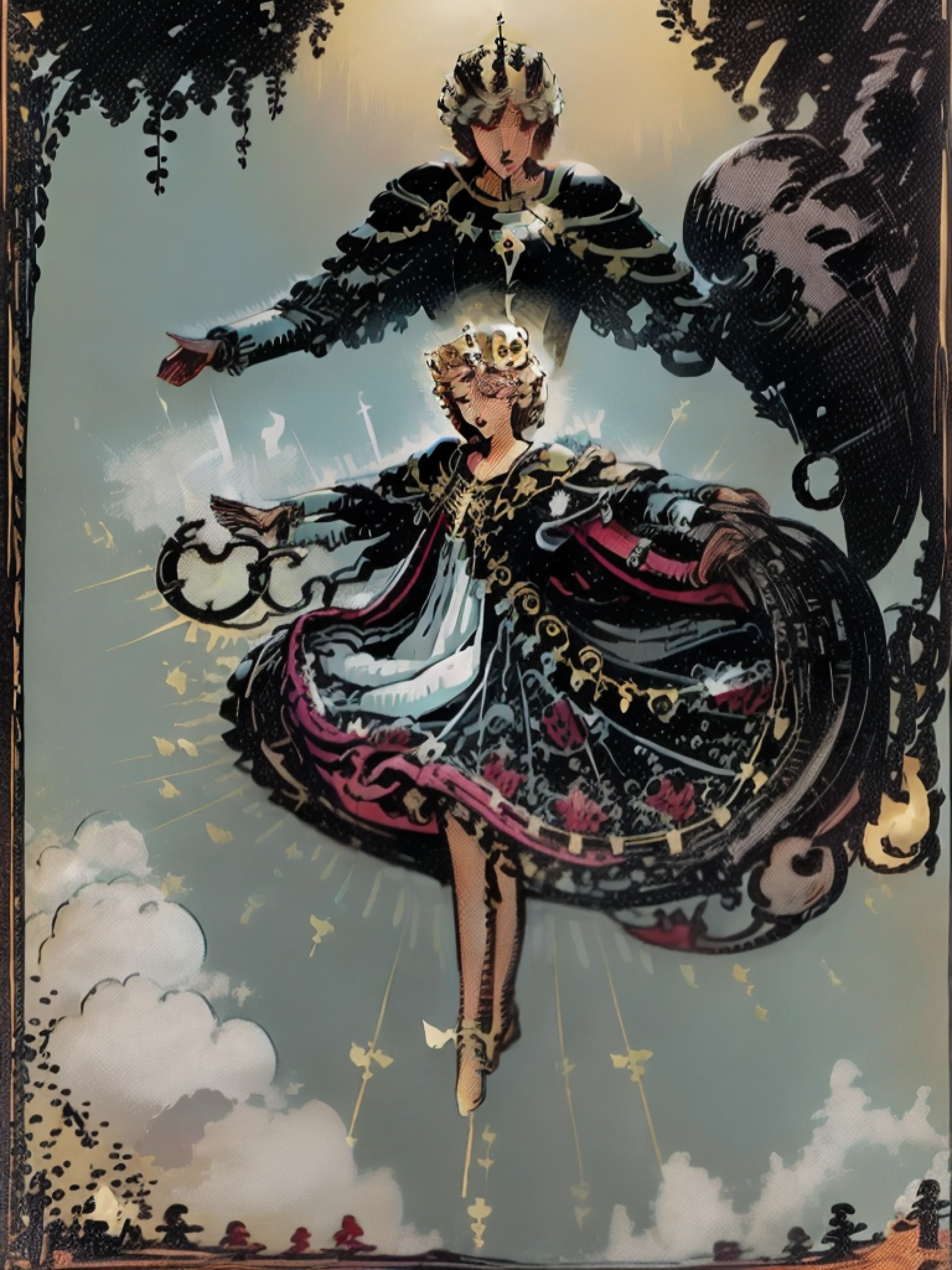 Uma pintura antiga, um casal de jovens principes, The young prince is handsome and his clothes discover his legs more, The Princess is beautiful and graceful, cores quentes, In the lower right corner is drawn a black snake