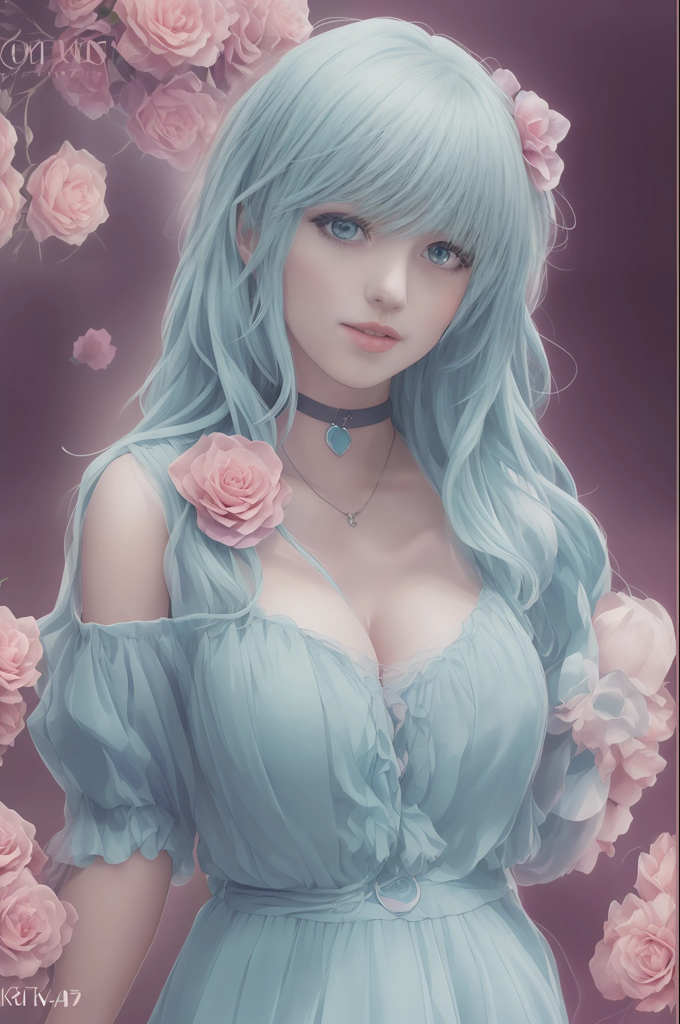 Photographic portrait of beautiful women, Sony α7, 35mm Lens, f1.8、((Konmutsuki_gacha_series1, punk_rosette))), cute girl, aqua color flowers, (full body), elegant flowers background, realistic photo, beautiful woman, Beautiful girl, beautiful background, charming girls, realistic 3d style, photo realistic render