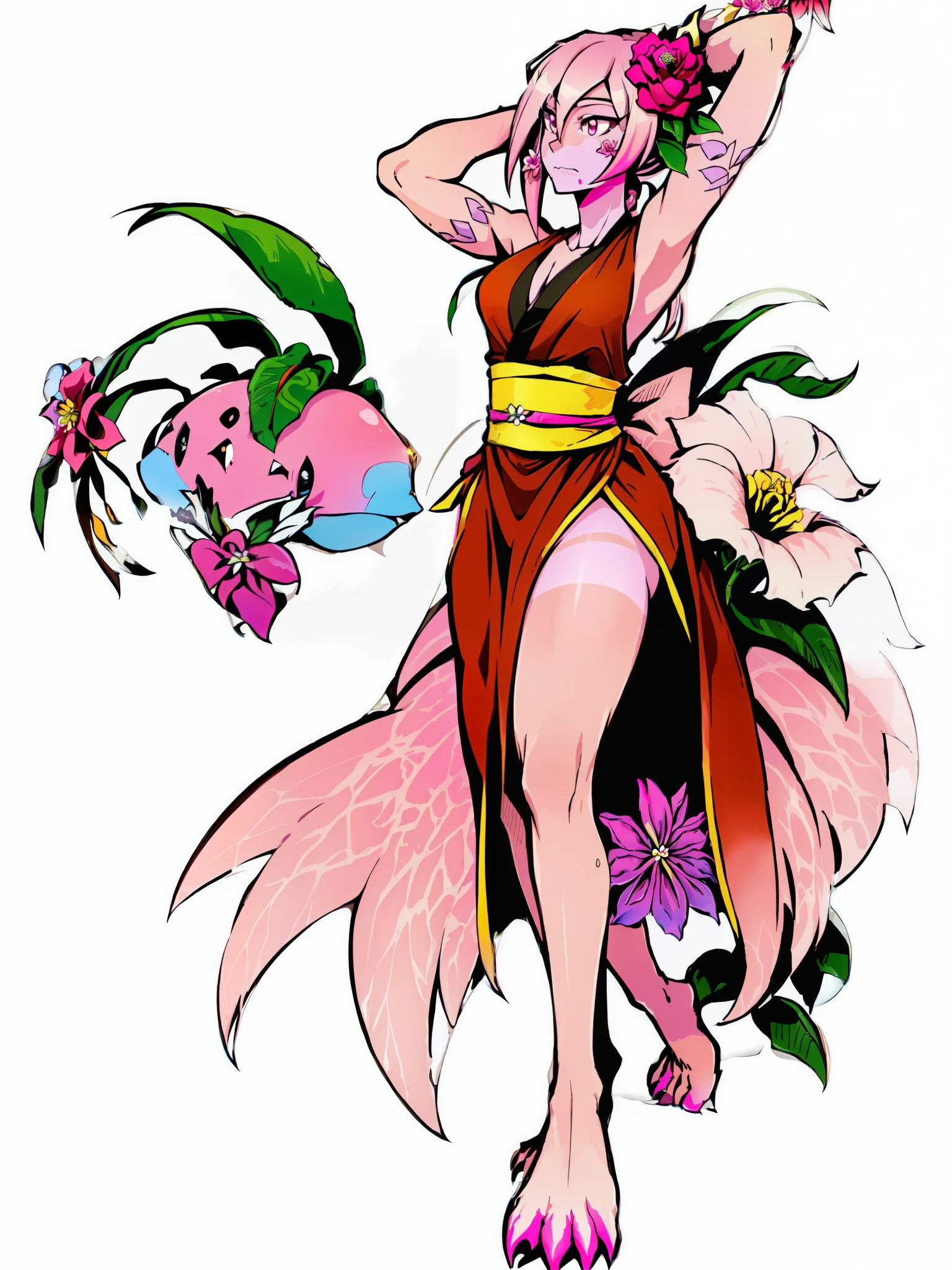 a close up of a person in a pink dress holding a shuriken, flower hair , ((Ponytail)) and ((long slit robes)), full body xianxia, , Monster ((masucline:1.4)),(Digimon\(creature)\0.4), (Peach Blossom themed:1.2), (Fairy:1), ((Pink Claw like arms:1.4)), (( flower person:1.6)), ((Pink skin:1.6))