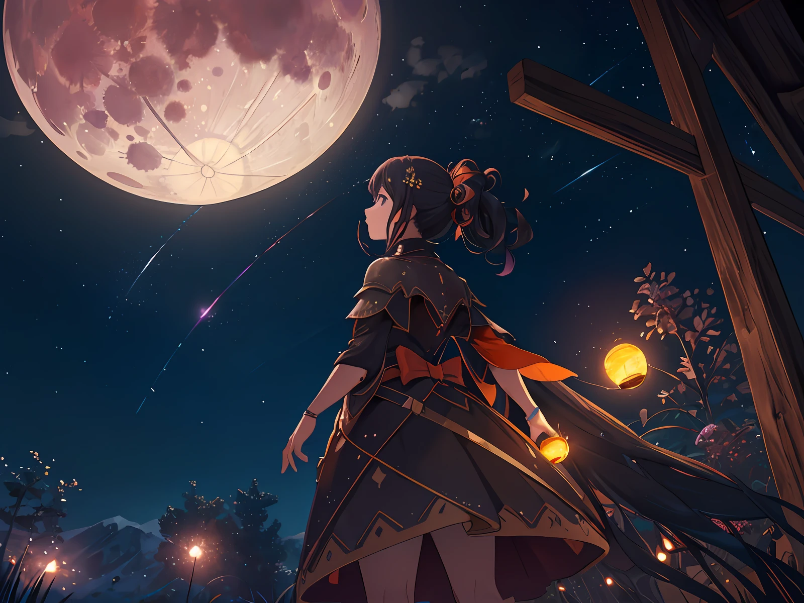 Vast landscape photo, (viewed from below, the sky is above and the open field is below), a girl standing on a flower field looking up, (full moon: 1.2), (meteor: 0.9), (nebula: 1.3), distant mountains , Trees BREAK Crafting Art, (Warm Light: 1.2), (Fireflies: 1.2), Lights, Lots of Purple and Orange, Intricate Details, Volumetric Lighting, Realism BREAK (Masterpiece: 1.2), (Best Quality), 4k, Ultra-Detailed, (Dynamic Composition: 1.4), Very Detailed, Colorful Details, (Rainbow Colors: 1.2), (Glow Lighting, Atmospheric Lighting), Dreamy, Magical, (Solo: 1.2)