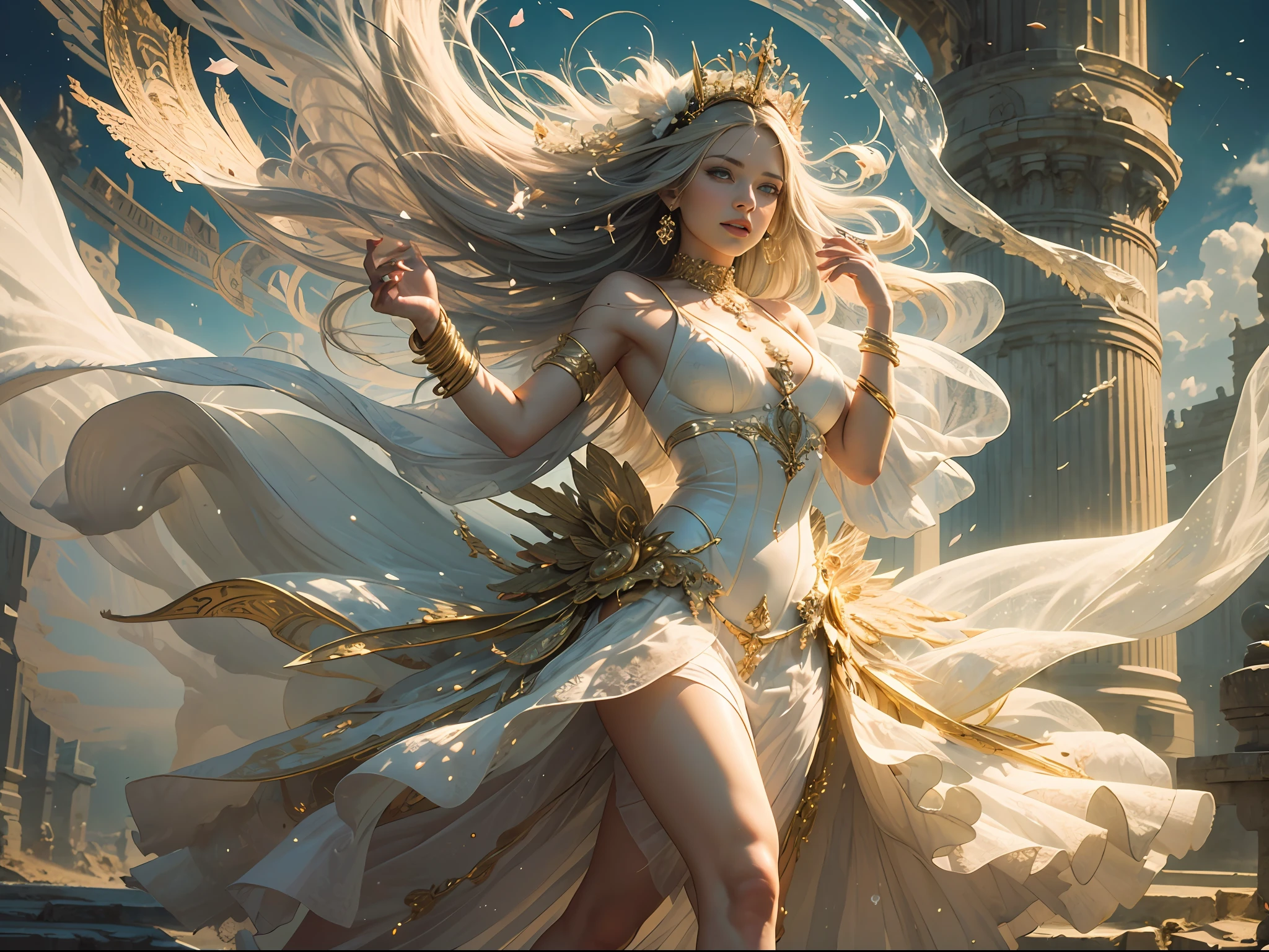 Style: Vector, Photorealistic: 1.4 Character: Girl, 12 years old, Angelic face, Light blue eyes, Clear and flawless skin Pose: Walking towards us while floating in the air, extending her right hand with a radiant and extremely divine light Outfit: Closed wedding dress covering the entire body, trailing behind her, in the color of petal pink, adorned with golden seams and precious stones Footwear: High-heeled sandals made of sparkling crystal with gold details Hair: Variable in type, size, color, and styled to complement the angelic face Eyebrows: Variable in shape, color, and expressiveness Mouth: Variable in shape, lip and teeth color, with detailed texture Environment: Heavenly setting resembling a kingdom of heaven, illuminated by divine white and golden light, enhancing the girl's body with a radiant divine glow  Detail Level: - Masterpiece (ultra-realistic details) - Portrait (emphasis on facial expressions) - Realistic (faithful representation of the figure) - 3D Face (tridimensional facial modeling)  Lighting: - Divine (white with golden)  Layers (8): 1. 2 background layers (heavenly scenery) 2. Layer behind the character (soft and glowing clouds) 3. Layer for the wedding dress 4. Layer in front of the character 5. Layer for bright eyes and the divine light in the hand 6. Layer for divine light and shadow effects 7. Layer for natural hair movement 8. Layer for accessories (high-heeled sandals)  Additional Considerations: - Variable facial expressions (happy, serene, divine, etc.) with emphasis on the angelic face - Camera angles (slightly from below to highlight the divinity) - Soft wind effects gracefully lifting the dress flaps - Enhanced details for glowing eyes and precious stones on the dress - Special effects to accentuate the divine light emanating from the extended hand - Possibility to adjust image resolution and aspect ratio to enhance the celestial beauty of the scene (pattern,Model:MeinaMix) --auto --s2