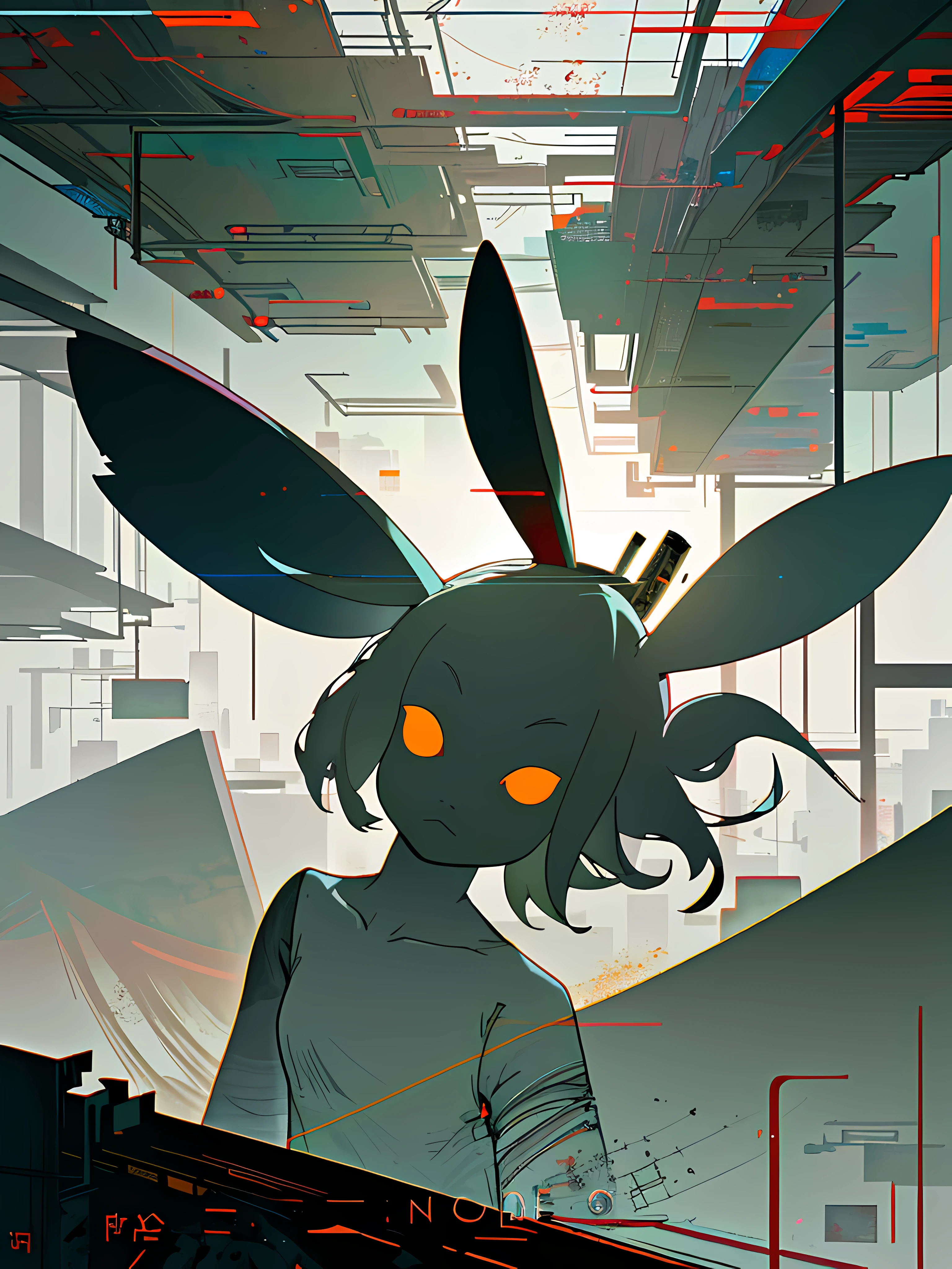 (blame! style abandoned tech landscape), (Zen, Amy Sol style), (underground, dark, foggy, perilous, abandoned dystopian apartment bedroom, deep windows), (abstract anthro rabbit figure wearing bunny ears), cover art with light abstraction, abstract, simple vector art, contemporary Cybernetic art, color gradients, soft color palettes, layered forms, whimsical animation, style Ethereal abstract, 4K, --v6