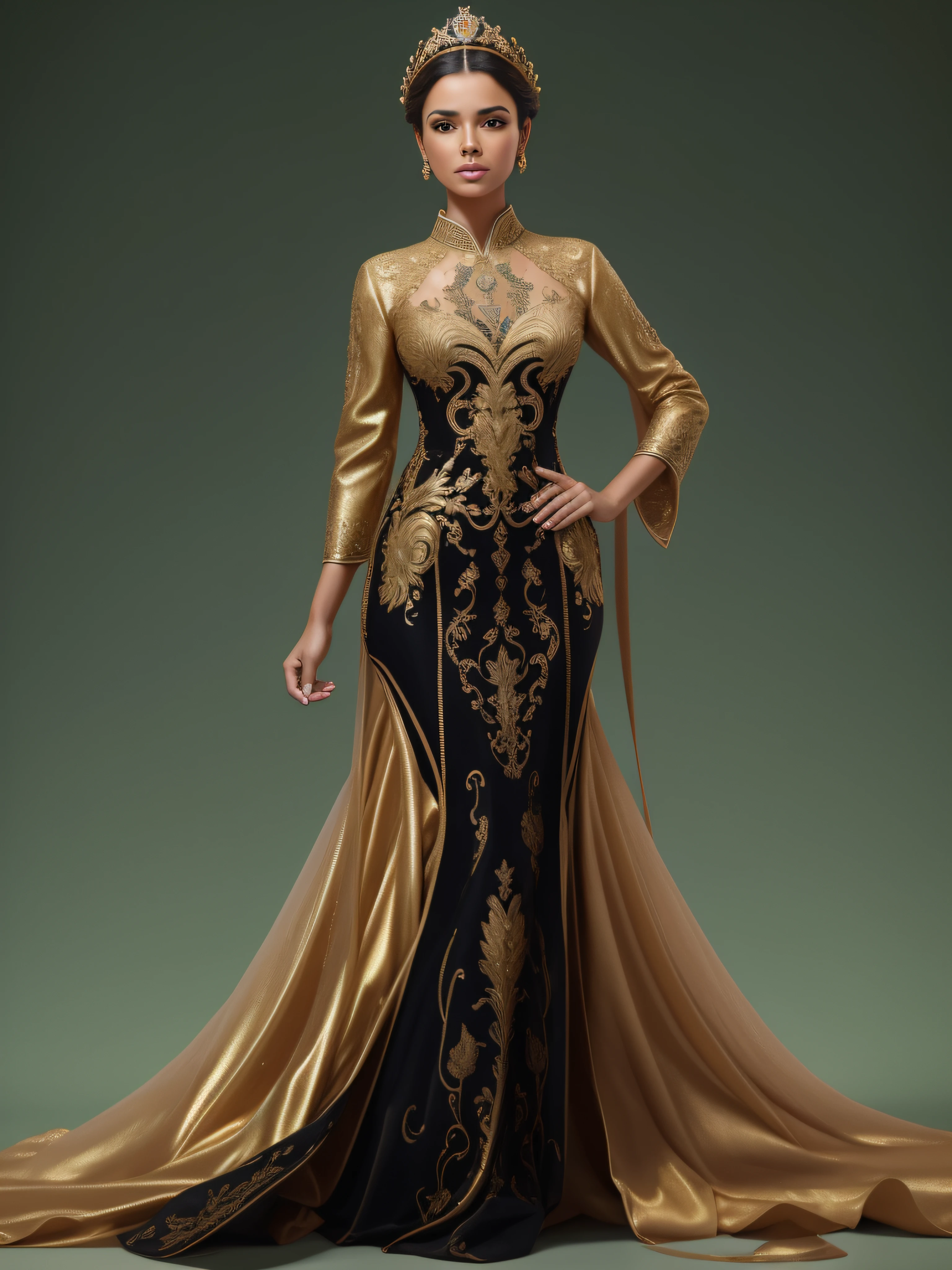 mulher jovem, elegante, pale skinned, olhos castanhos amarelados, batom dourado, cabelos escuro, penteado luxuoso, usando um luxuoso vestido preto com detalhes em dourado, Vestido de gala, Royal Dance, maquiagem preta e dourada marcante, muitas joias em ouro. Bodice with golden ornaments adjusted to the body highlighting her femininity with grace and refinement. Arte futurista. futuristic backdrop.