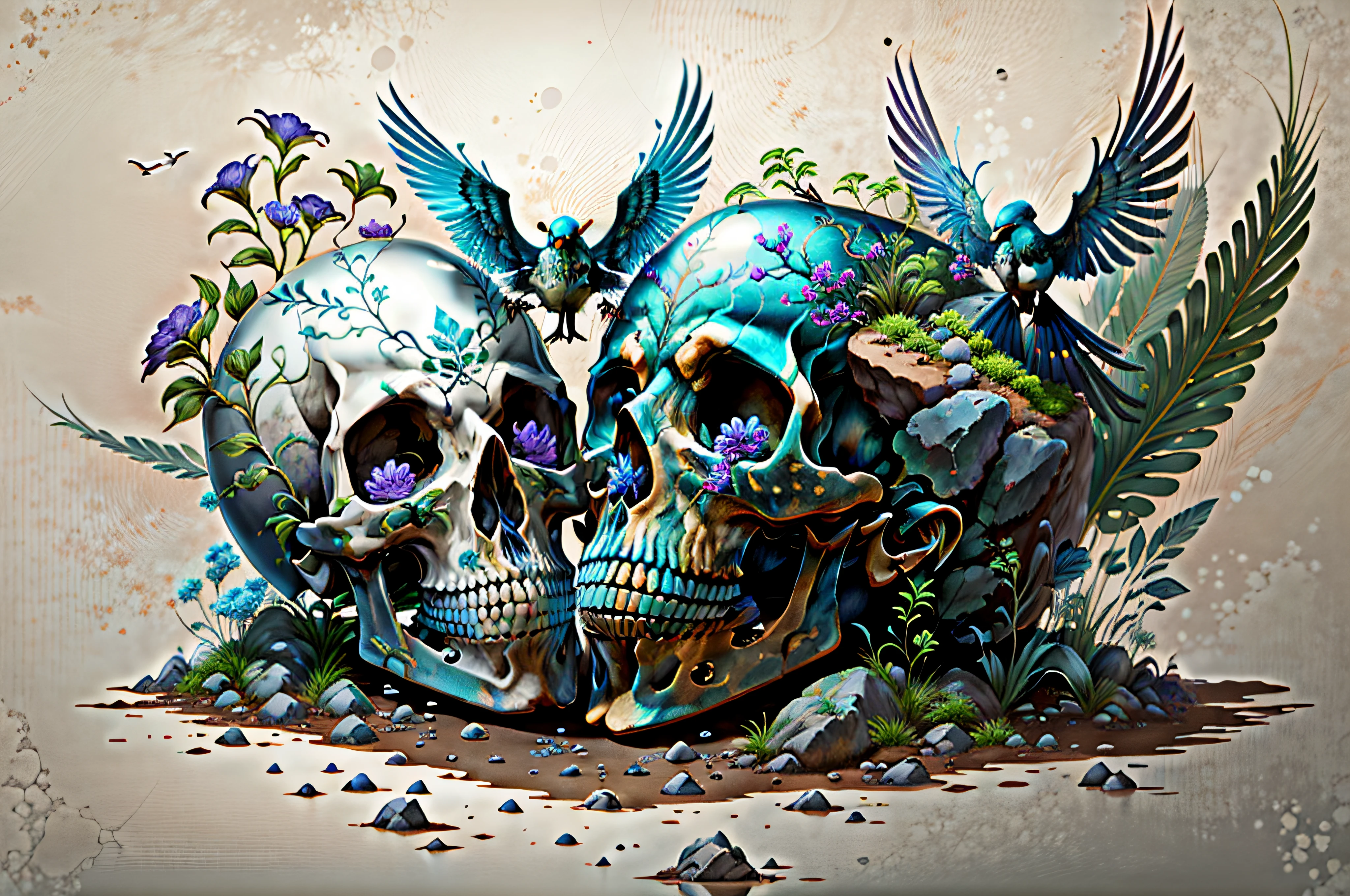 独奏, head looking up, florals, The bird, A plant, skulls, purple flower, ultra-realistic realism