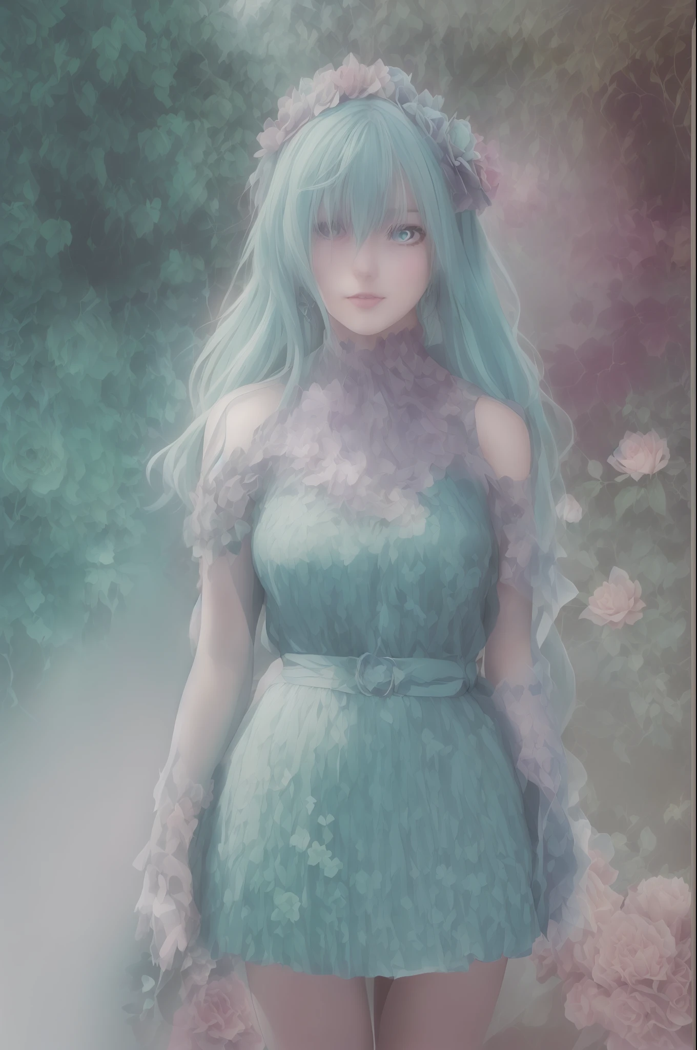 Photographic art of beautiful women, Sony α7, 35mm Lens, f1.8、((Konmutsuki_gacha_series1, punk_rosette))), cute girl, aqua color flowers, (full body), elegant flowers background, realistic photo, beautiful woman, Beautiful girl, beautiful background, charming girls, realistic 3d style, photo realistic render