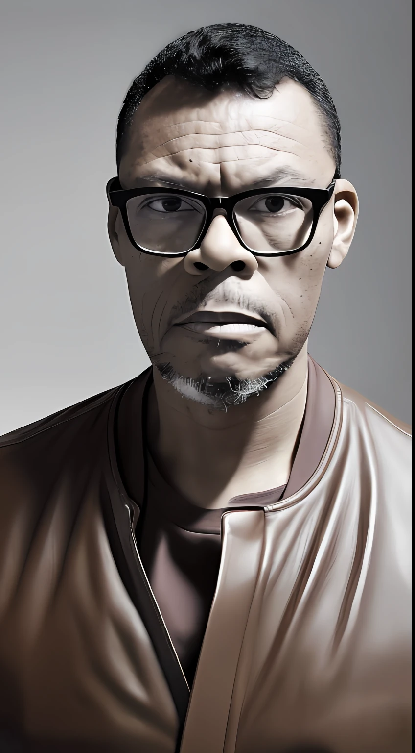 guttonerdjul23, portrait of a man, glasses, (((detailed skin face))), expression wrinkles, (no beard and no mustache: 1.5), raw beige leather jacket, white T-shirt without print, stiff countenance. Ultra detailed scene, dslr camera with 50mm Lens, soft studio lighting, ((vignette))