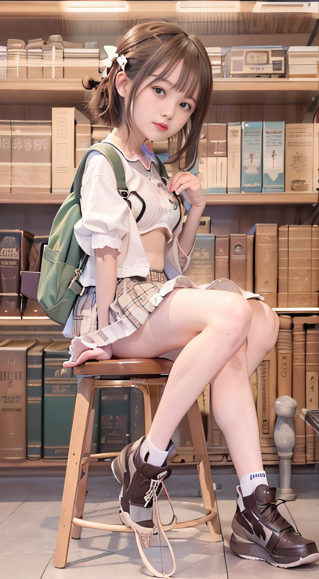 Background library dude，horsetail，Hair accessories，earring，Moles under eyes，Ultra-low cut，There is a light color on the body，Bigchest：1.3，，Cute short skirt， Bubble socks，， adolable， brown  hair， Short ponytail hair，backpacks，is shy，Snow-white skin，plump，