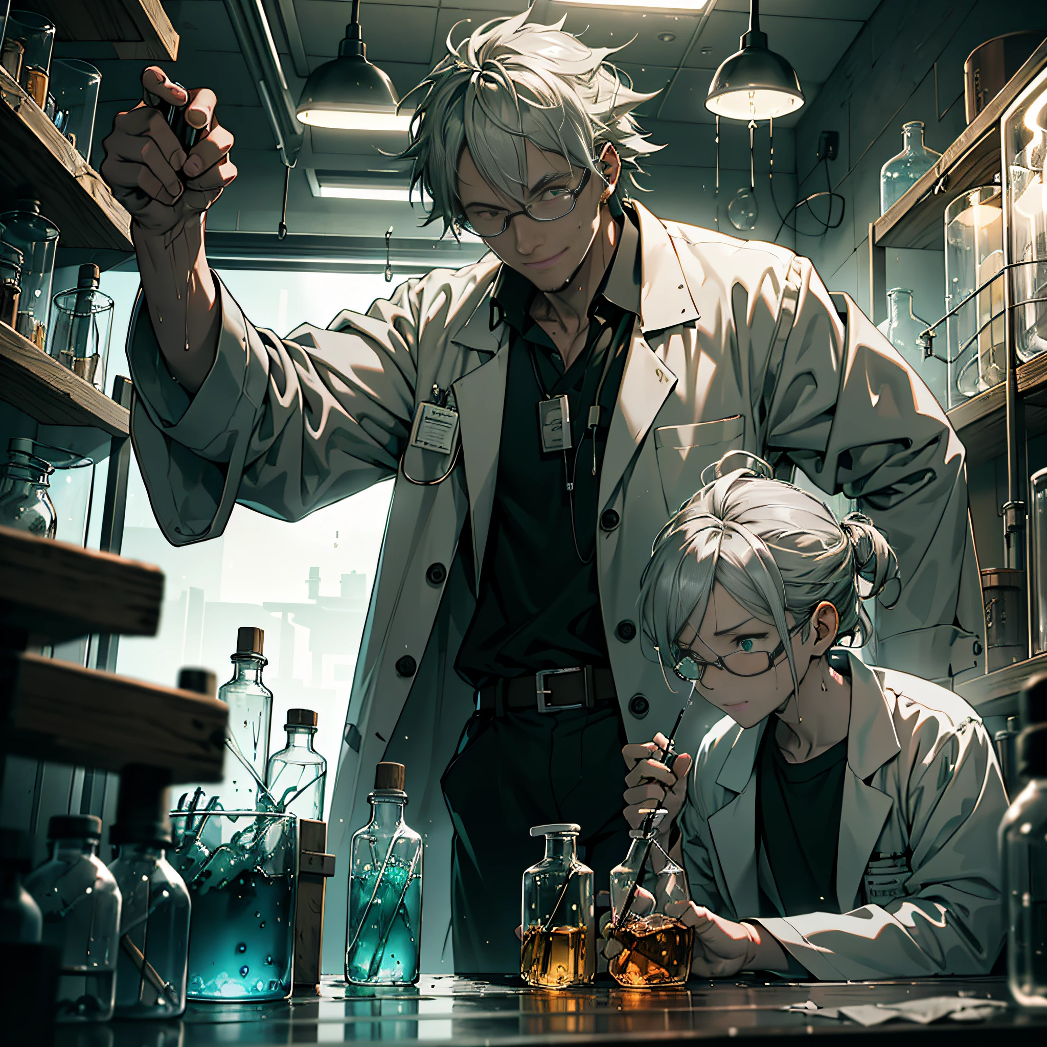 masutepiece++, Best Quality++, ultra-definition++, ultra-definition++, 4K++, 8K++, From Side, (Background Focus)++, Very detailed, landscape, ((mad scientist))++, Old Man , Gray hair (Foaming green liquid)++, (laboratory), (Human experimentation), (Colorful medicine), (Medicine cabinet), pale skin, (Flasks and test tubes, beakers)++, Ragged hair, (light fixtures) (Midnight), (Dirty lab coat)+, Crazy smile, experimental, Lively, Dirty face, Cloudy eyes, Pupils, Perfect hands, Dirty body, Suspicious atmosphere , (wet effect)+, (light effect), (Cinematic Light)+, (Light cinematic)+
